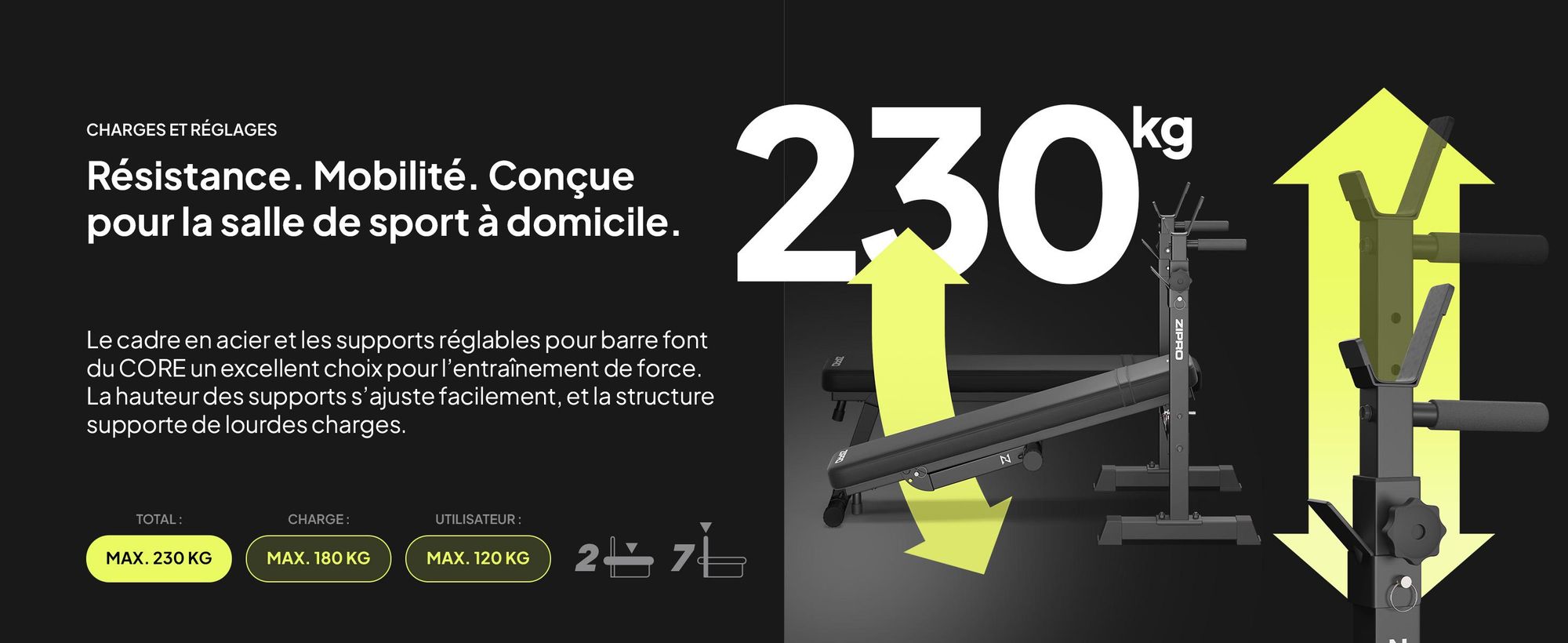 Banc de musculation Zipro avec support pour haltères Core – Banc de musculation pliable pour développé couché Banc plat avec barres de dip Capacité de charge jusqu'à 230 kg Peu encombrant