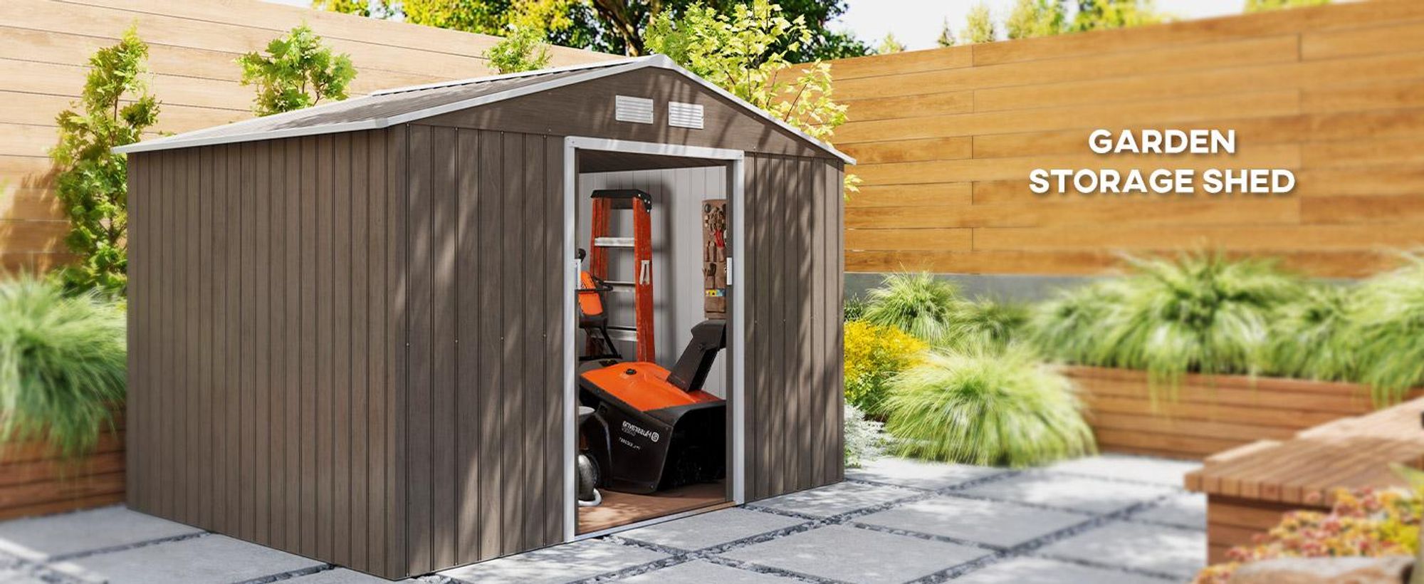 Domek ogrodowy Outsunny 4,9 m², z dachem dwuspadowym, drzwiami przesuwnymi, fundamentem, 277 x 195 x 192 cm, ocynkowany stalowy domek narzędziowy, odporny na warunki atmosferyczne, do ogrodu, brązowy