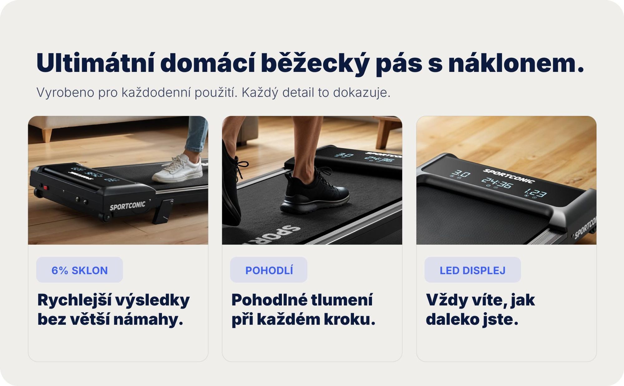 Sportconic Walking Pad chodící pás pro domácnost & kancelář – tichý, s 6 % sklonem, úsporný, LED displej