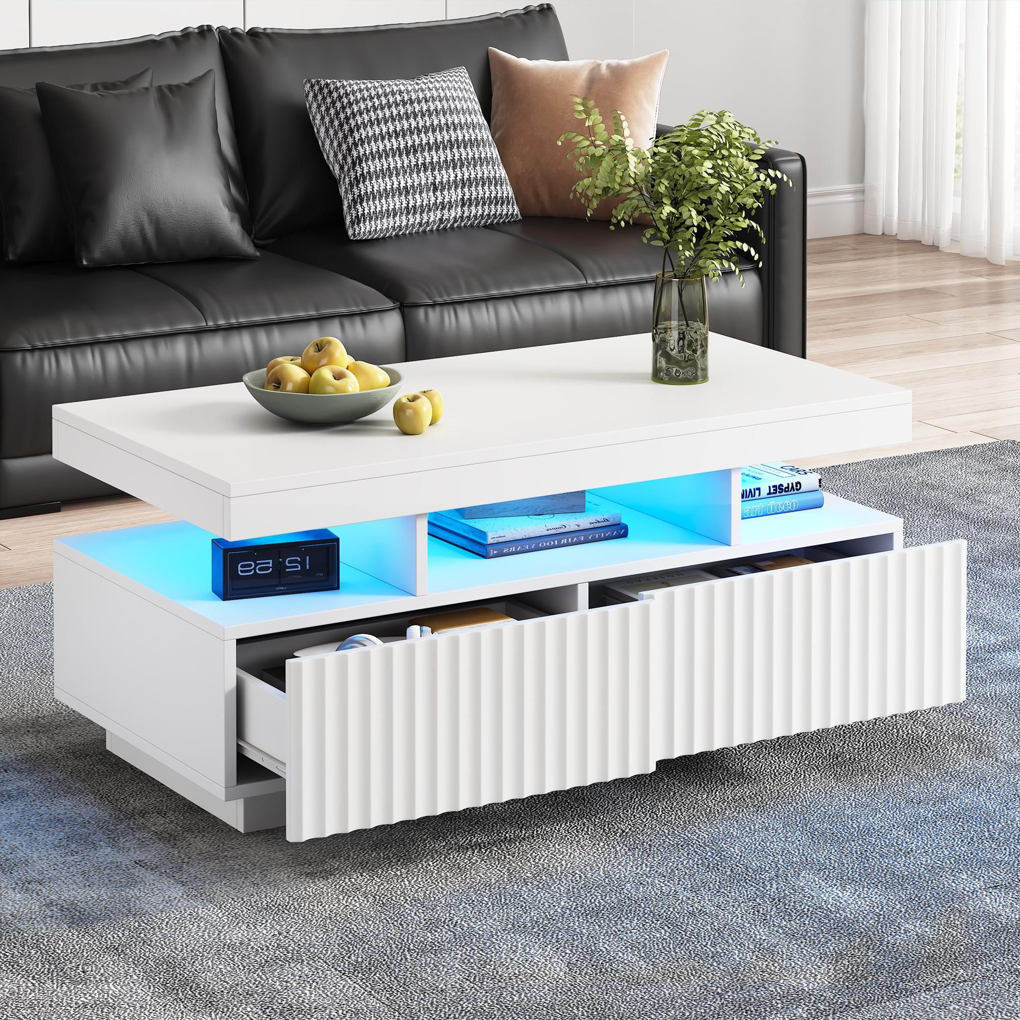 Merax moderner Couchtisch mit LED und 2 Schubladen Wohnzimmertisch mit offenem Fach, Sofatisch vertikale Streifenoptik, vakuumgeformter Teetisch Weiß