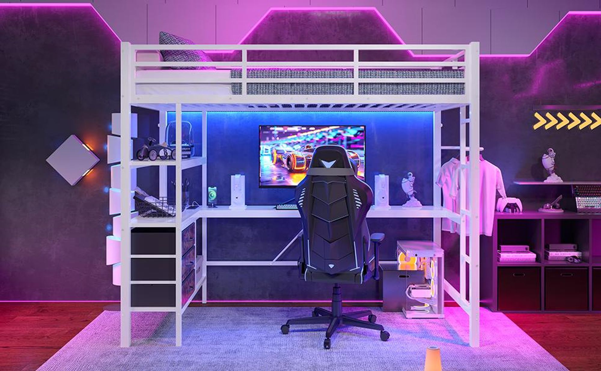 Merax łóżko piętrowe loft 90x200 cm, z LED, biurko z gniazdkiem i USB, 3 szuflady, półki, wieszak, łóżko piętrowe dla dzieci, biały