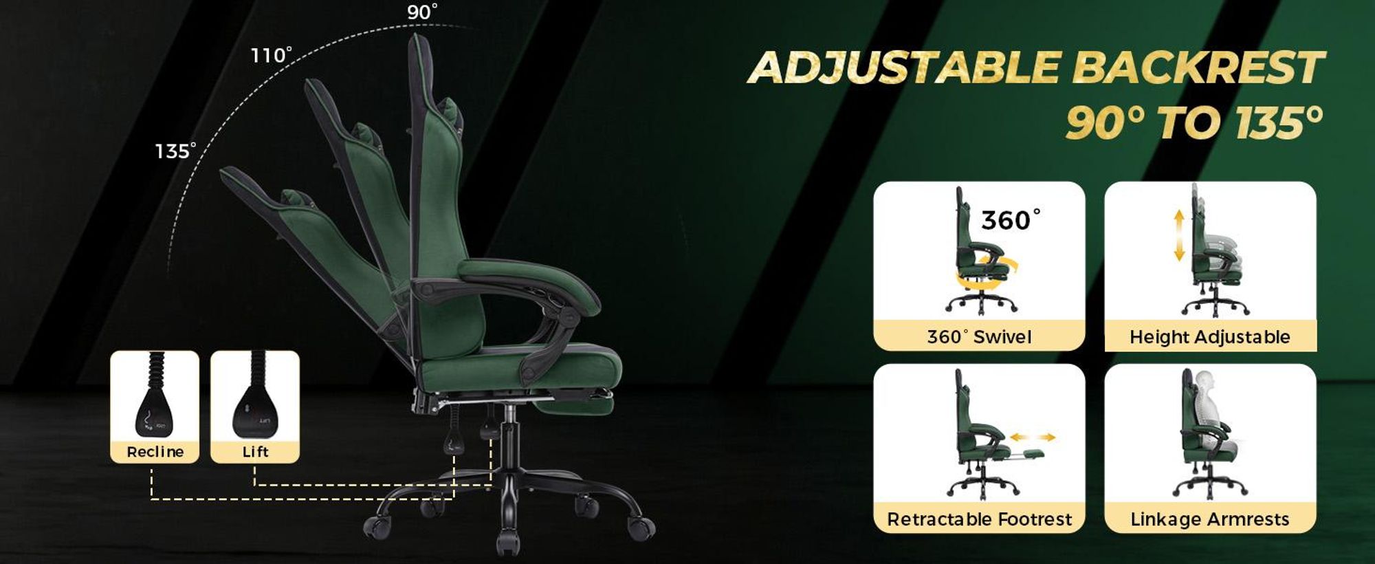 Krzesło gamingowe GTPLAYER, ergonomiczne, obrotowe, z tapicerką materiałową, poduszką siedziska z sprężynami, podłokietnikami regulowanymi i podnóżkiem. Maksymalne obciążenie: 150 kg, kolor: czarny