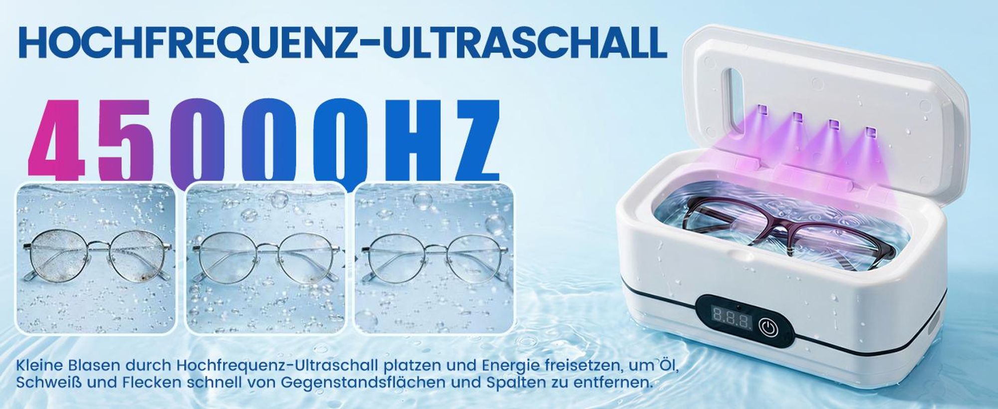 Ultraschallreiniger, Ultraschallreinigungsgerät, 45000Hz Ultrasonic Cleaner, 400ML Ultraschallgerät mit 4 UV-Licht & 5 Modes