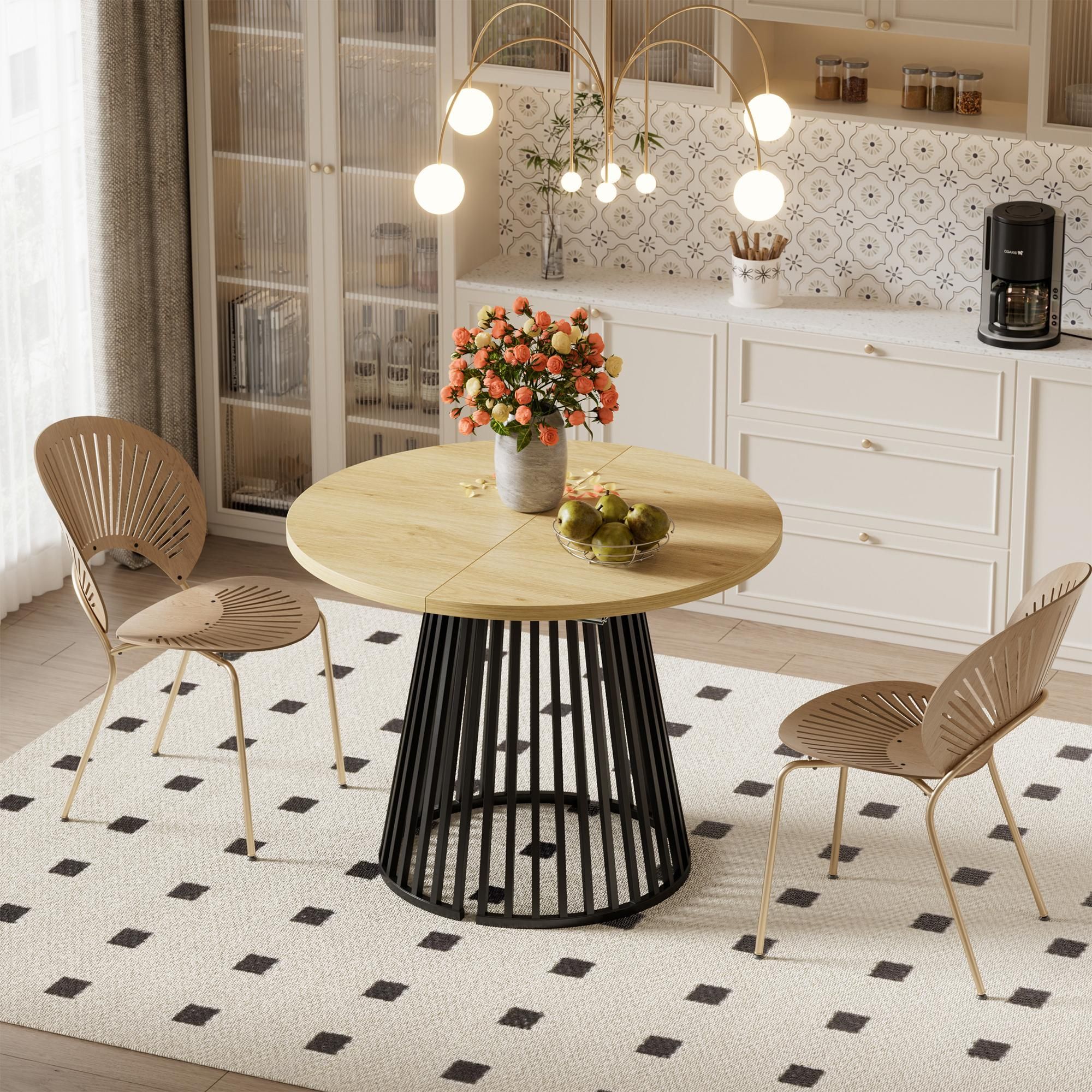 Runder Ausziehbarer Tisch für Esszimmer, 100-180cm 4-8 Personen, Esstisch Skandinavische Loft-Stil Saulengestell mit Rillenstruktu Metallbeinen
