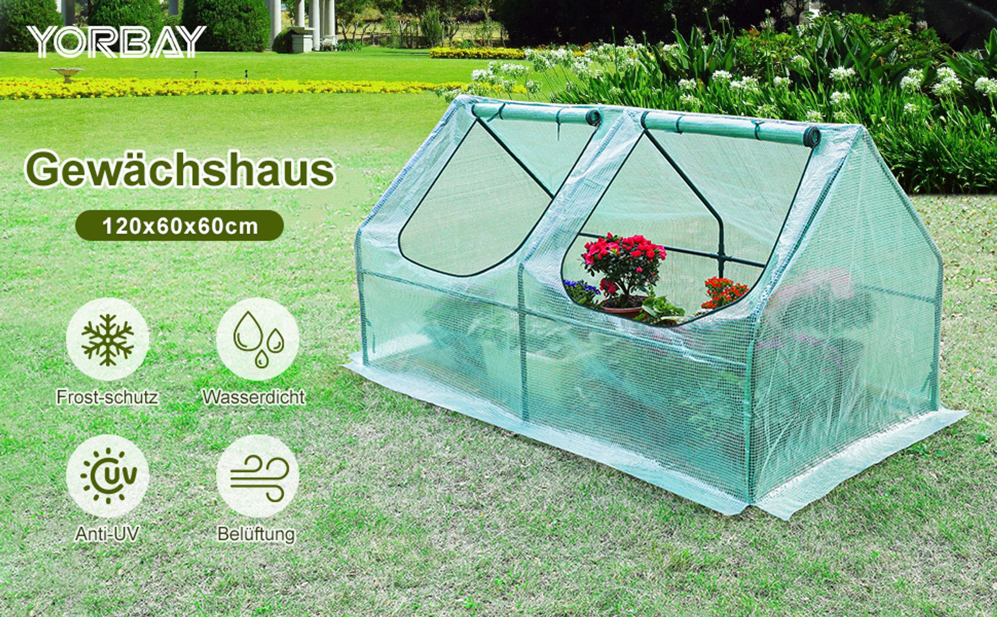 Yorbay Foliengewächshaus 120 x 60 x 60cm Frühbeet Gewächshaus für Tomaten Gemüse Pflanzen Grün