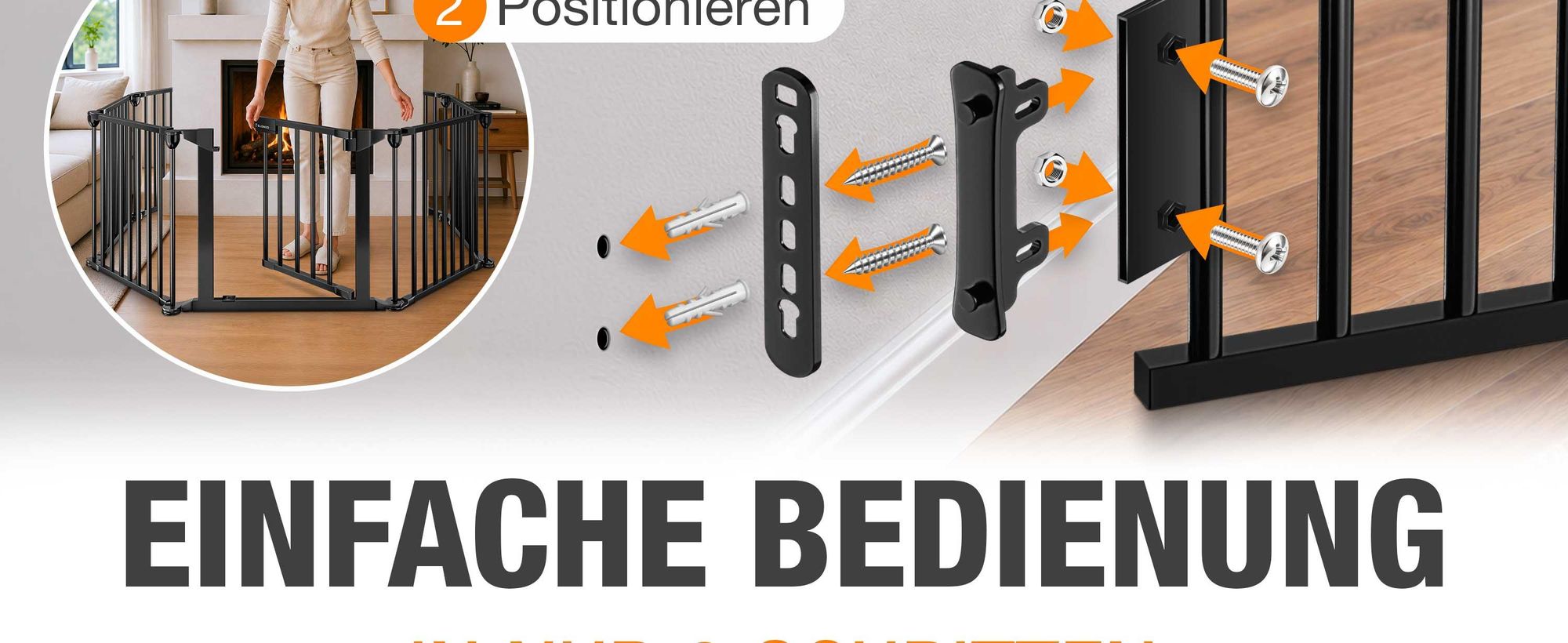 ELONEO Kaminschutzgitter, 75cm hoch, Ofenschutzgitter aus Metall mit Sicherheitsverschluss, Kinderschutz, Treppengitter, Türgitter, Hundegitter