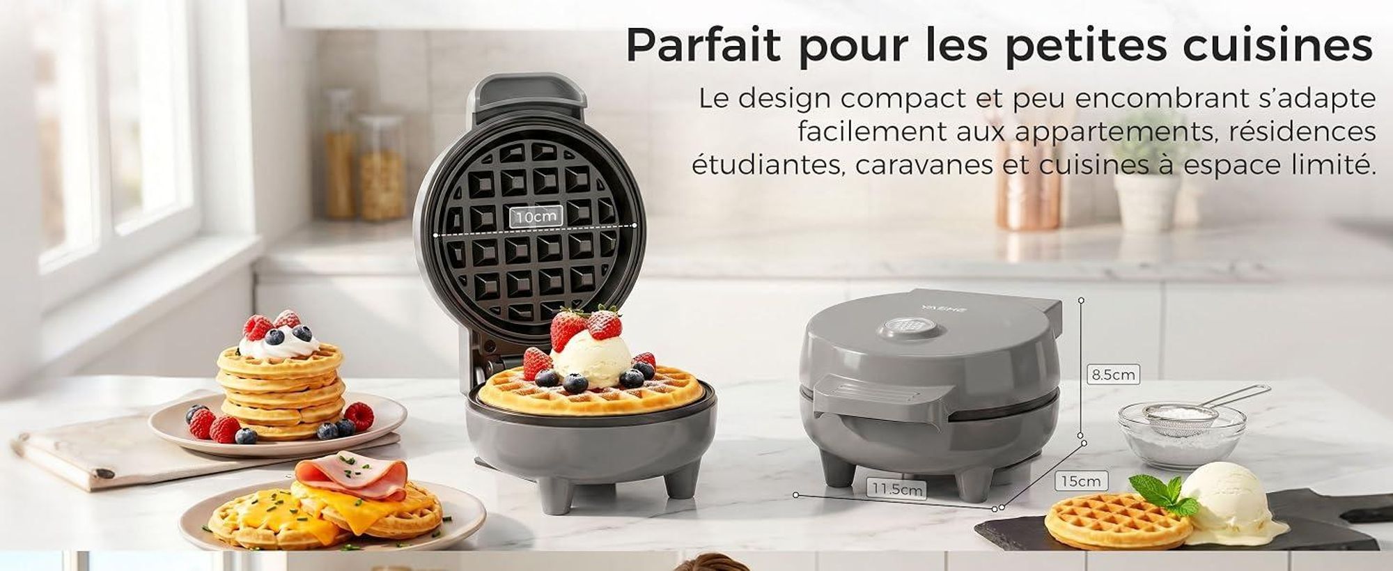 YASHE Mini gaufrier ABW59C, 550 W, plaque 10 cm, antiadhésif, gris