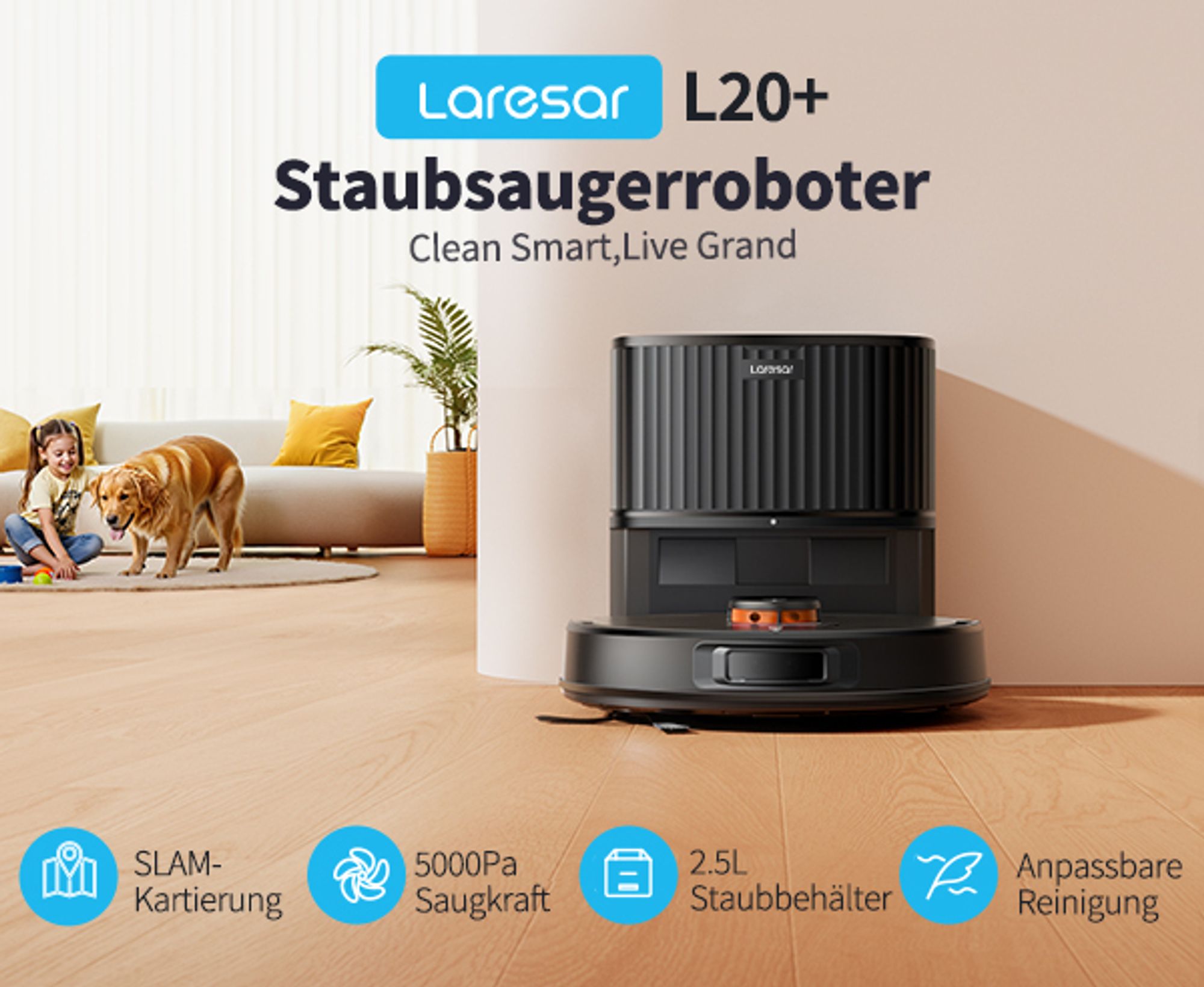 Laresar Lasernavigation Staubsauger Roboter, Roboter Staubsauger mit 5000Pa,kehren, Saugen und Wischen 3 in 1,L20+