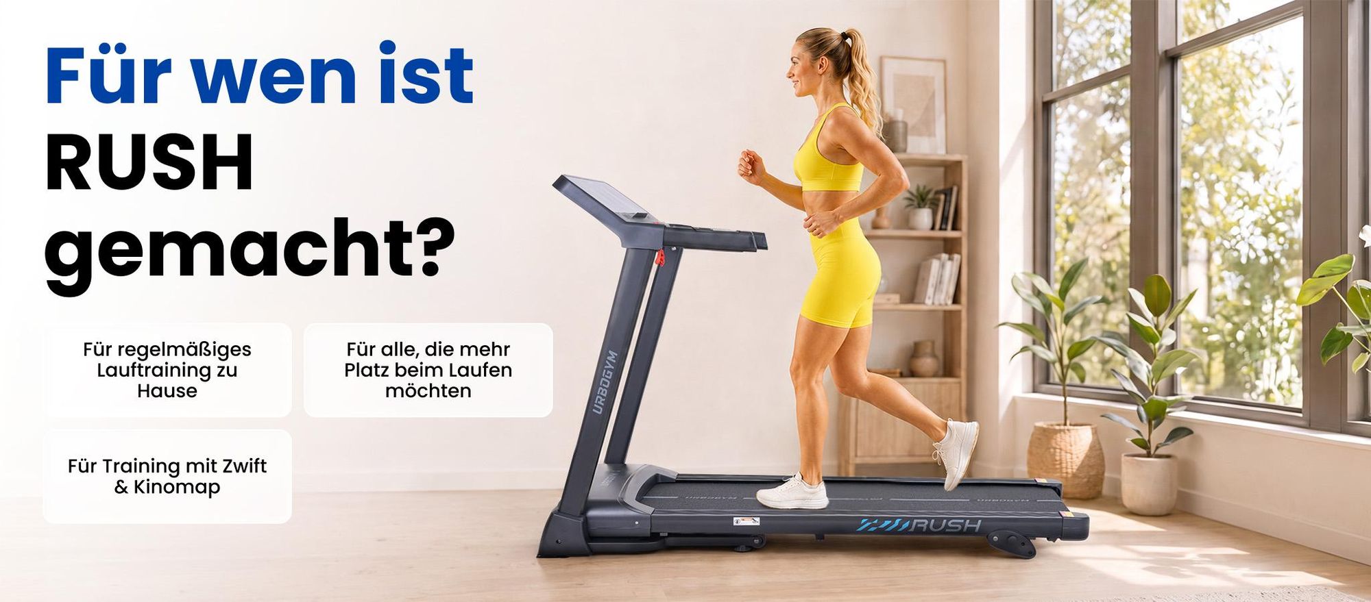 URBOGYM RUSH Laufband klappbar bis 16 km/h, 140 kg, 45 x 130 cm Lauffläche, 3 Steigungsstufen, 15 Programme, Bluetooth, Kinomap & Zwift, LED Display