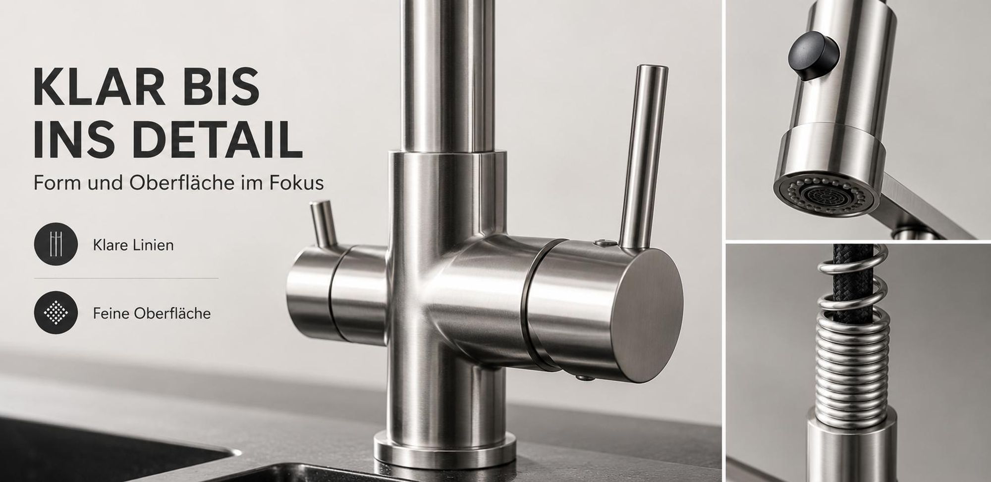 3-Wege Küchenarmatur Solid Spring mit Wasserfilter-Anschluss, herausziehbare Brause, 360° schwenkbar, getrennte Wasserwege, Keramikkartusche Schwarz-matt