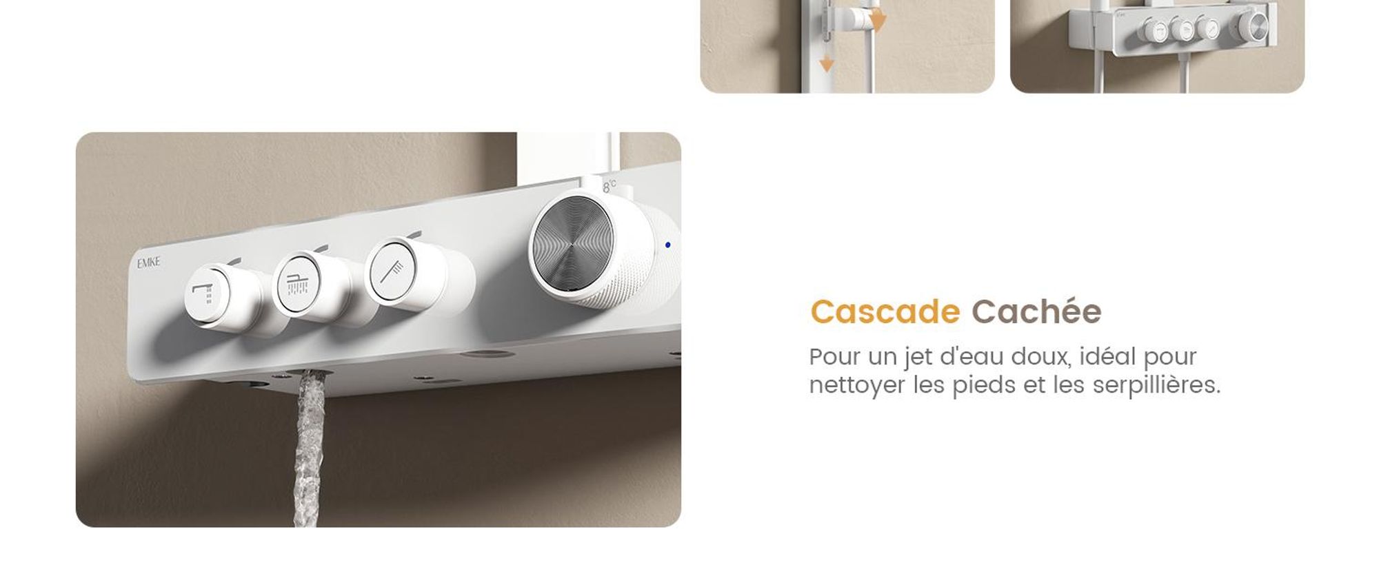 EMKE Système de douche avec thermostat Colonne de douche blanche avec 360×240mm douche à effet pluie carrée, bec de baignoire, régulateur de débit & tablette en verre F27