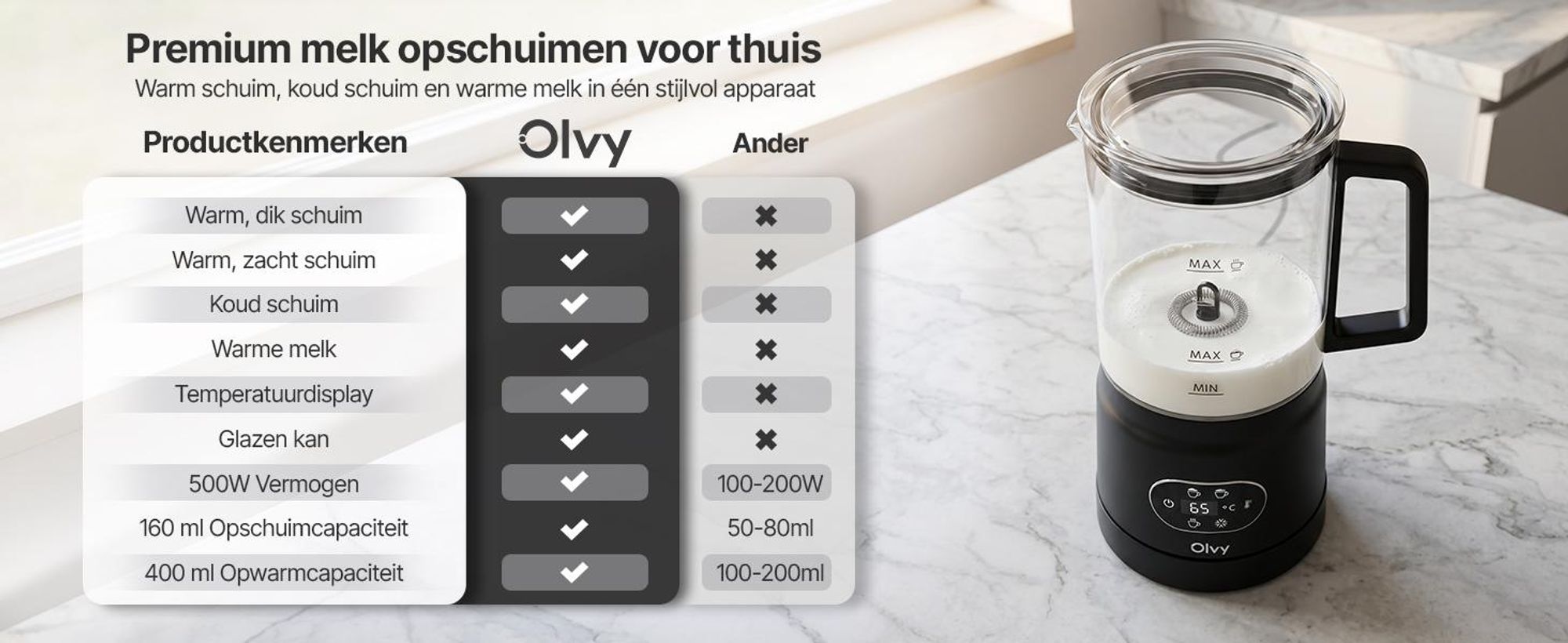 Olvy Elektrische melkschuimer van glas, 4-in-1, 500W, met temperatuurindicator, 160 ml melkschuim, 400 ml verwarmde melk, voor warme en koude melkschuim, zwart