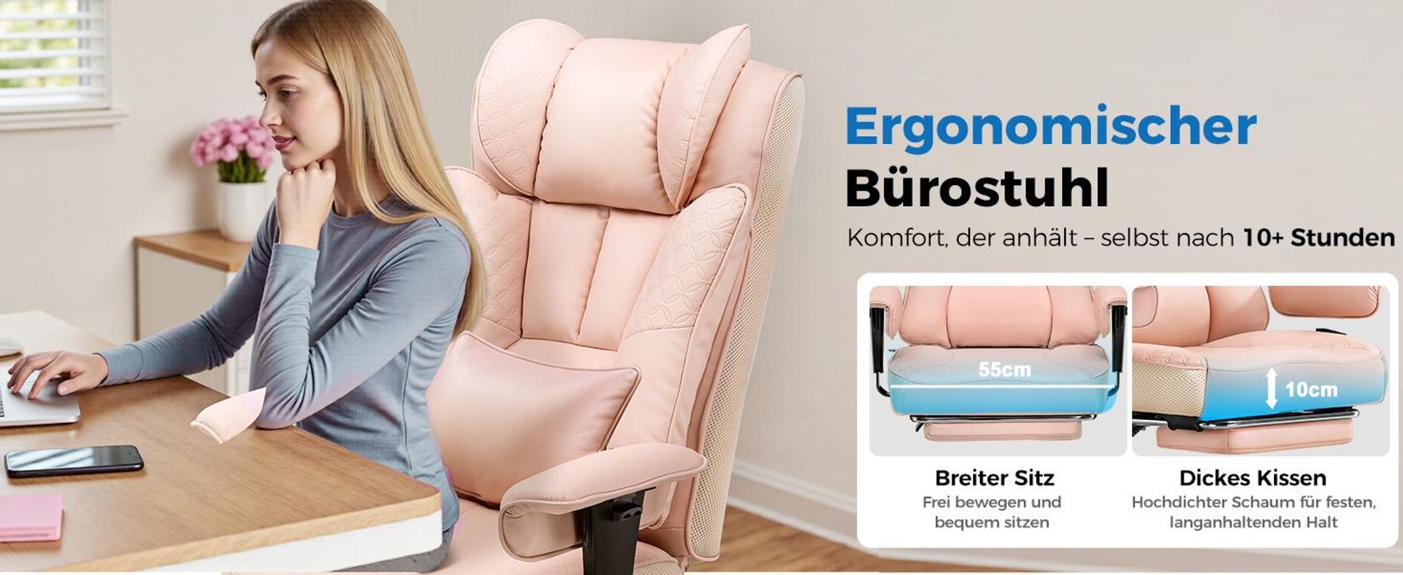 GTPLAYER Gaming Stuhl, Ergonomischer Bürostuhl mit Fußstütze, 150° Verstellbare Rückenlehne & Armlehnen, Computerstuhl Chefsessel, 180KG, ROSA