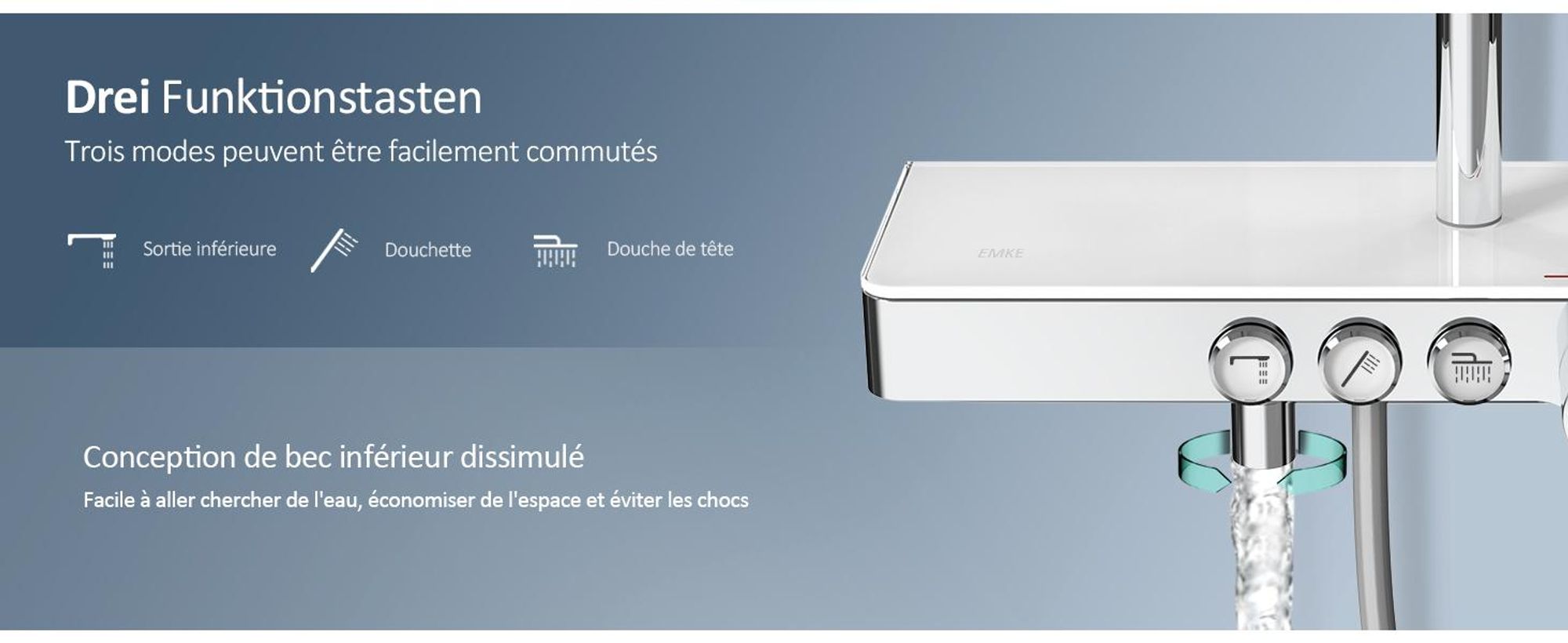 EMKE Système de douche avec thermostat 1146x450x480mm tablette en verre douchette à main avec 3 types de jets douche de pluie, robinetterie de salle de bain & douche, KTW, chrome F10