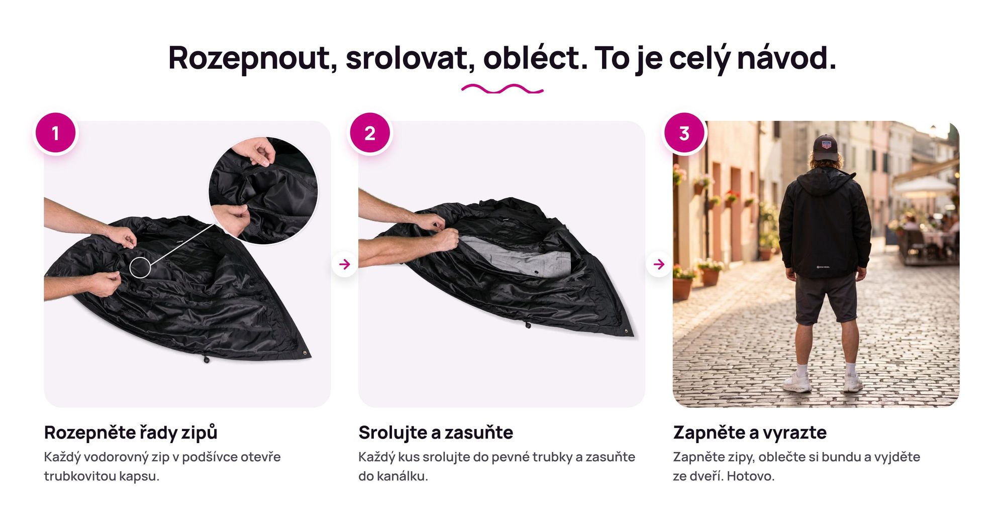 Krok za krokem: balení oblečení do trubkovitých kapes Balicí bundy Ryanwear