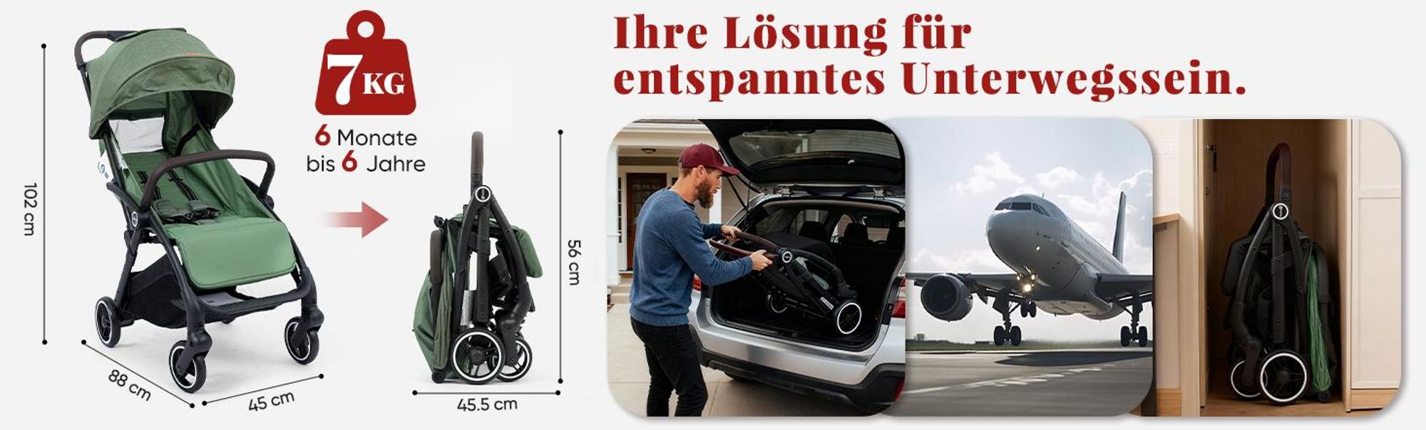 Sekey Kinder Buggy Reise Kinderwagen bis 22 kg verstellbare Rückenlehne, Regenschutz und Sichtfenster, Einhand-Faltmechanismus, Schwarz und Grün