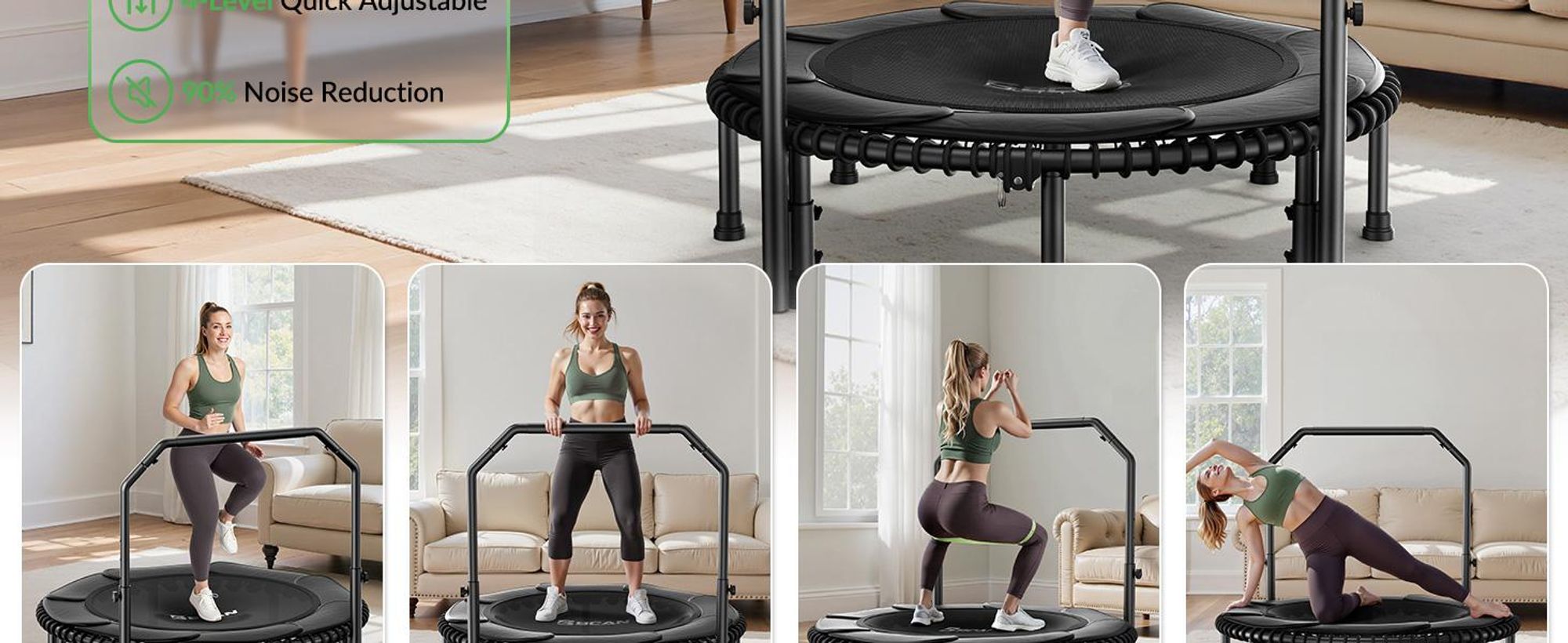 BCAN 48“ Rebounder-Trampolin für Erwachsene, 226 kg Tragkraft, Bungee-Seilen, Verstellbarer Griff, stabil, leise, Innen/außen, Ganzkörpertraining