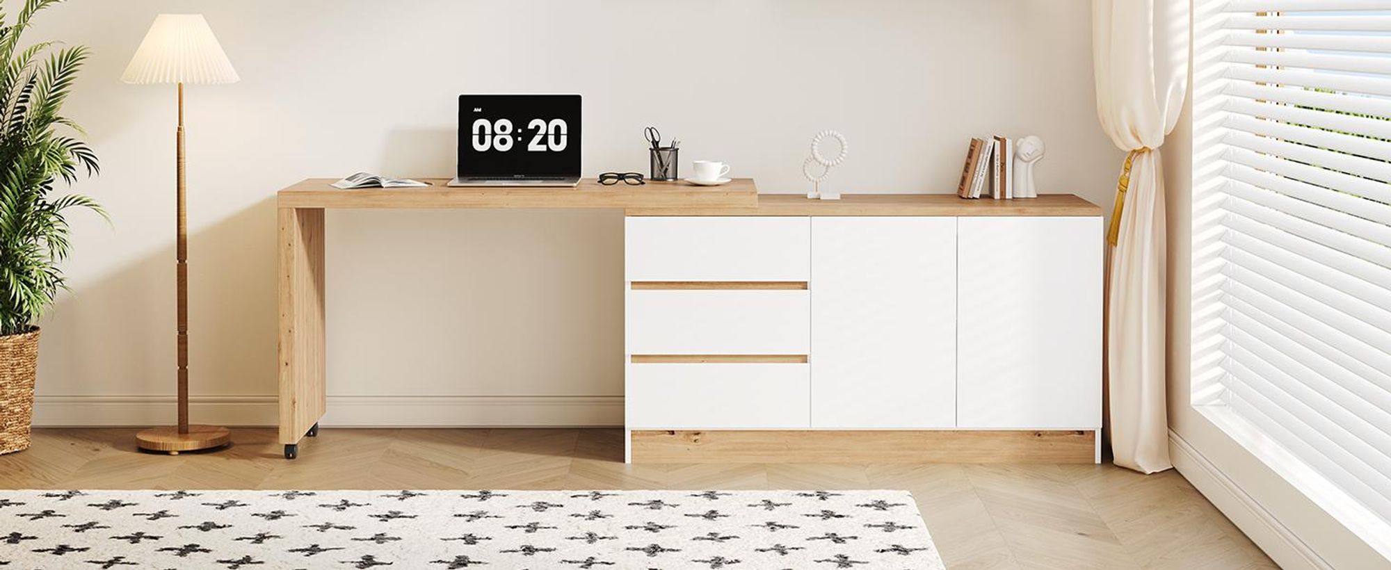 STILVORA Schreibtisch mit Rollen und drehbarer Tischplatte,Eckschreibtisch mit faltbarem Design,Sideboard mit feststellbarer Funktion und 4cm Tischplatte