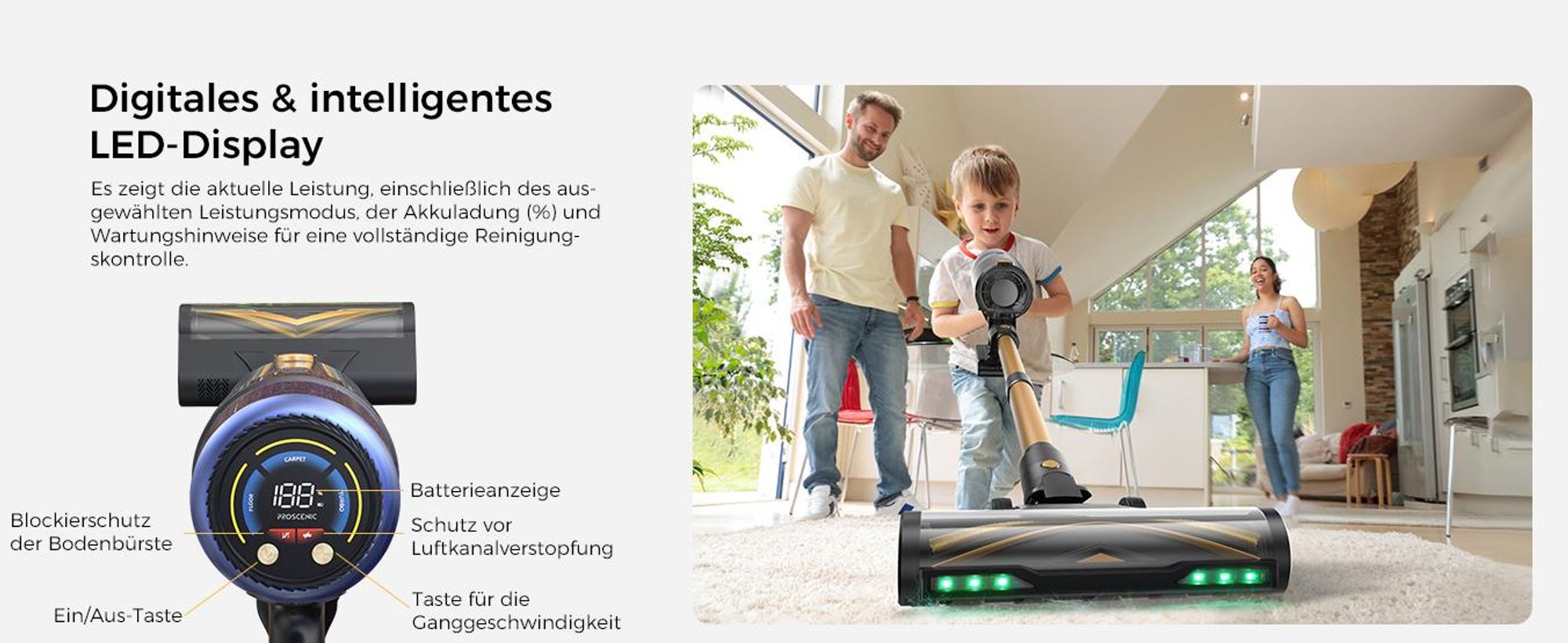 PROSCENIC Handstaubsauger, leistungsstarker Staubsauger mit 60 kPa, 580W, 70 Min, Grüne LED-Scheinwerfer, 1,5L Staubbehälter, Leichtes Rauschen