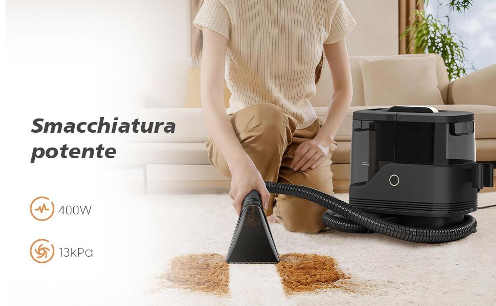 Aspirapolvere umido per tappezzeria – 400W, 13 kPa di aspirazione, portatile, per tappeti, divani e auto