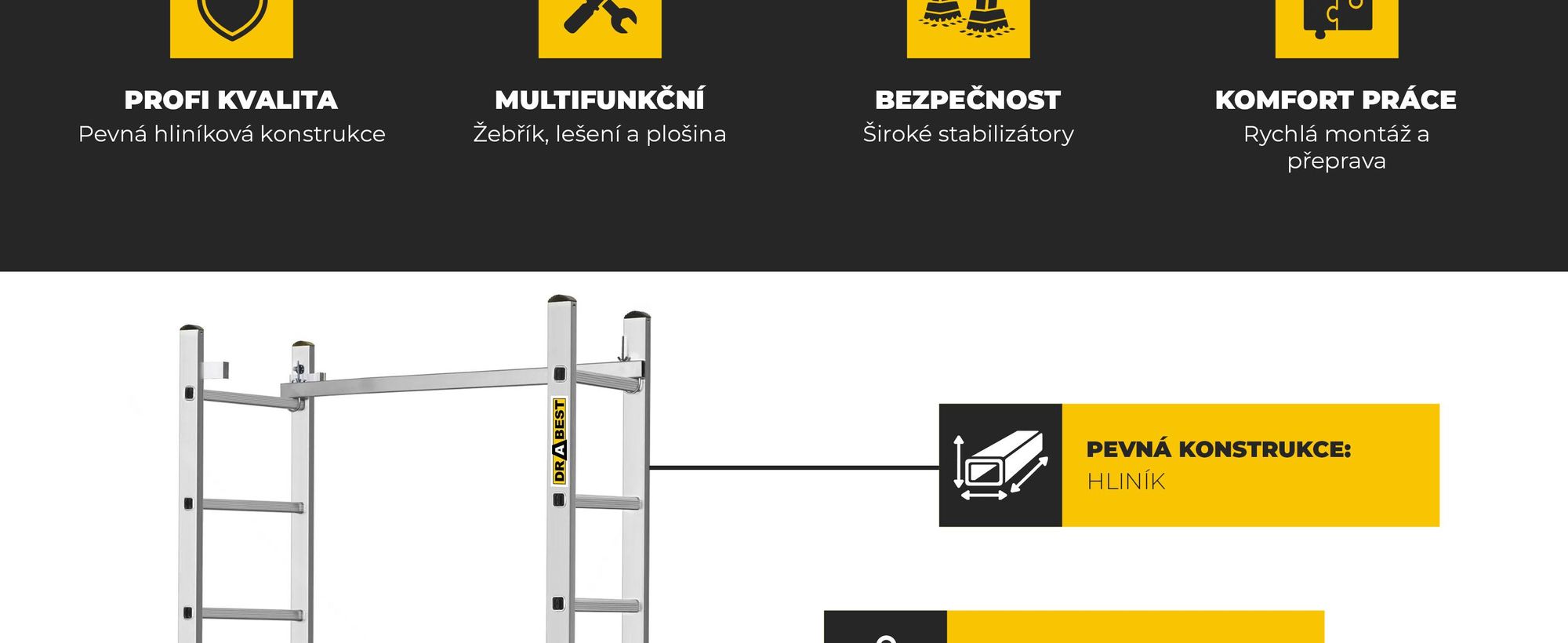 Drabest - Víceúčelový žebřík + lešení BASIC - 2x8, nosnost plošiny: 150 kg, rozměry plošiny 33x114 cm