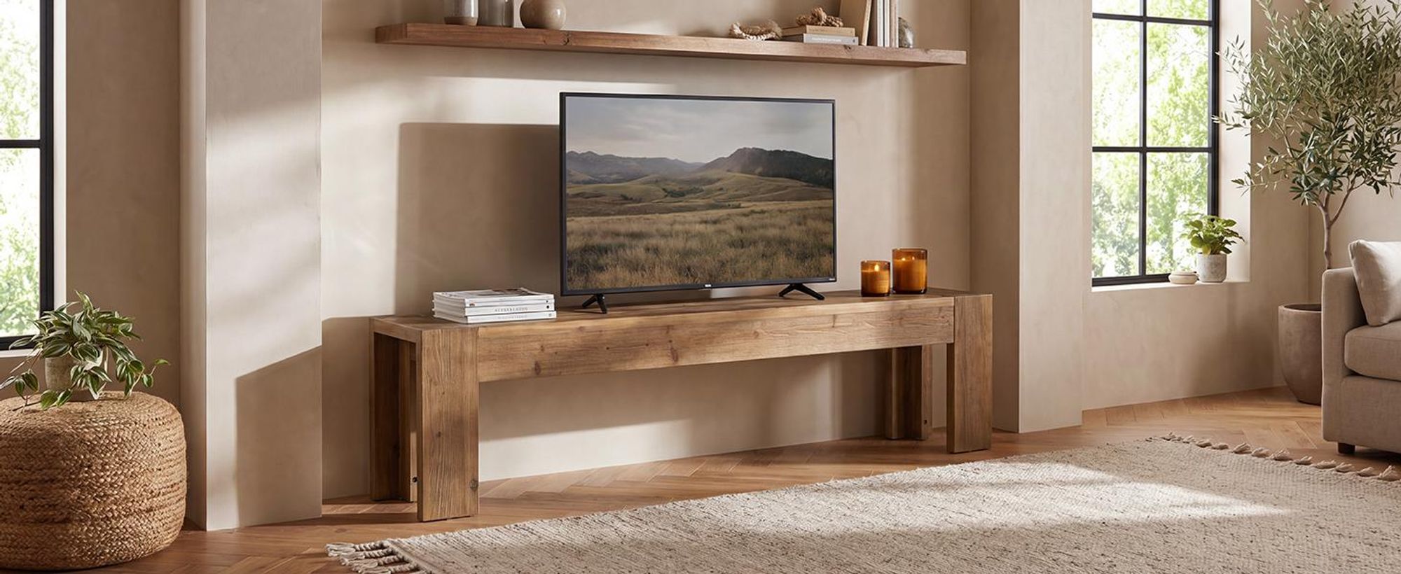 Wanbor TV-Schrank aus Massivholz für 60/70/80-Zoll-Fernseher, extralanges Farmhouse-Entertainmentcenter mit Rahmen, TV-Konsole aus Holz für das Wohn