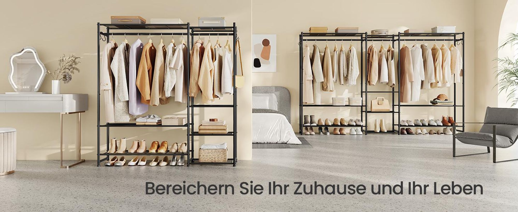 SONGMICS Kleiderständer, offener Kleiderschrank, Garderobenständer mit Ablagen, Metallrahmenm, für Schlafzimmer, Wohnzimmer, Eingangsbereich,schwarz