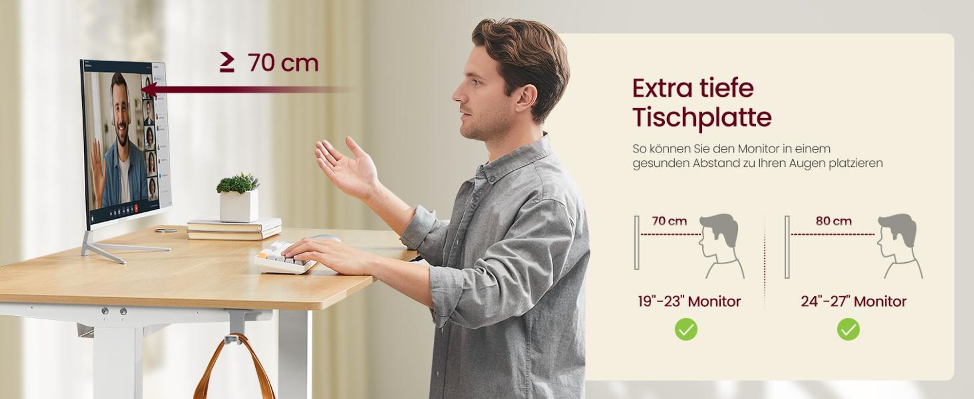 VASAGLE Elektrisch Höhenverstellbarer Schreibtisch, Stehpult mit Typ-C und Kabelmanagement für Home Office, 180 x 80 cm, Eichefarben