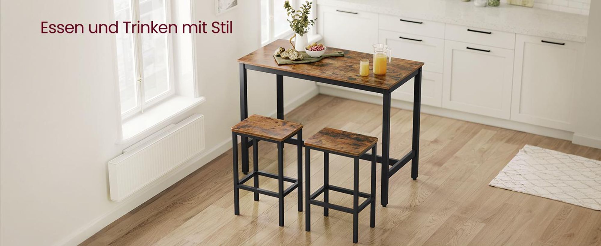 VASAGLE Bartisch Bartisch-Set, Esstisch(120 x 60 x 90 cm) mit 2 Barhochern