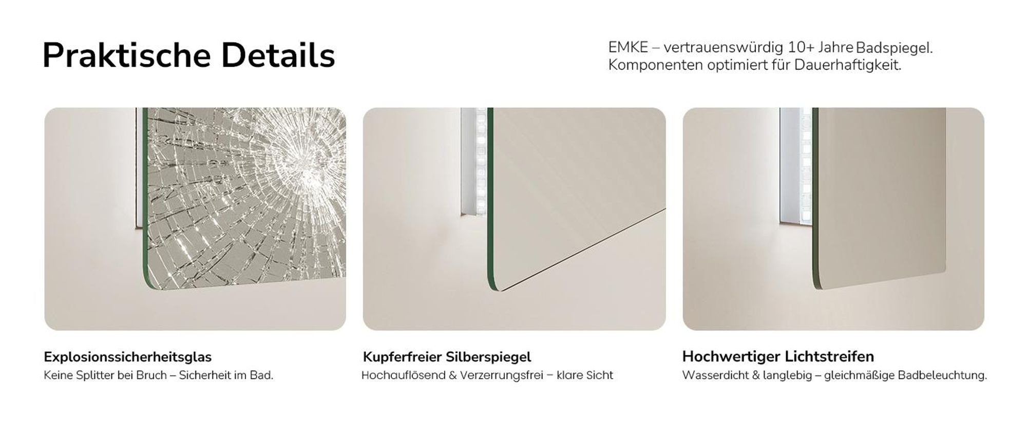 EMKE Badspiegel mit Beleuchtung Randlos 70×50cm, 6500K Kaltweiß, Wandschalter-Steuerung