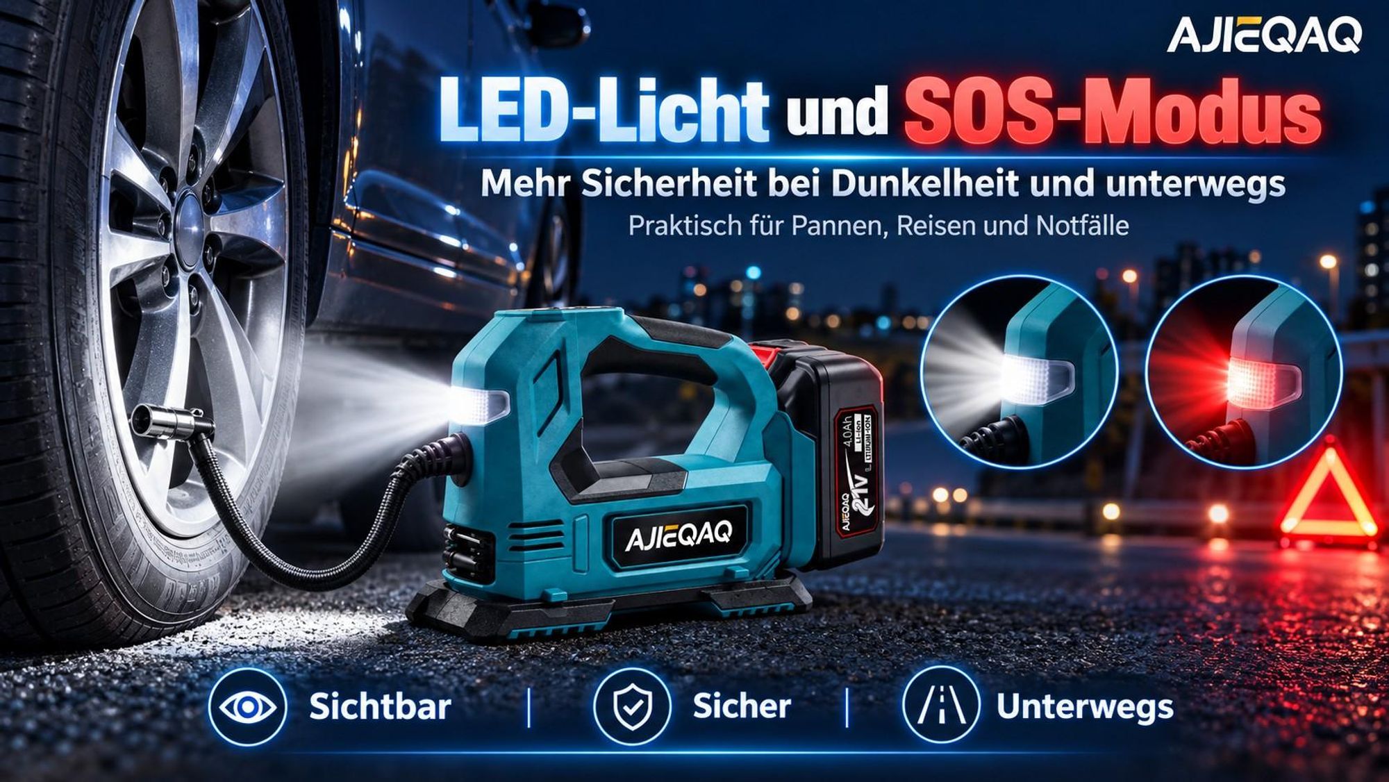 Akku-Luftkompressor 21V 4,0Ah, 150 PSI Reifenfüller mit Auto-Stopp, 12V Kfz-Anschluss, LED, SOS, für Auto, Motorrad & Fahrrad