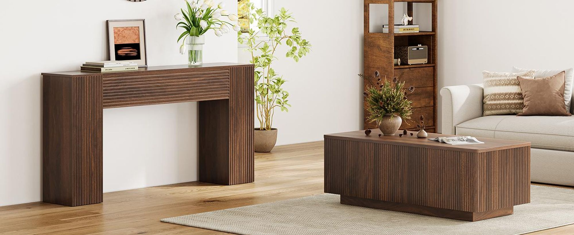 FABATO Lift-Couchtisch 106 cm mit großem verstecktem Stauraum, rechteckiges Fluted-Design mit abgerundeten Ecken, aufklappbar, Walnuss-Farbe, Mid-Cent