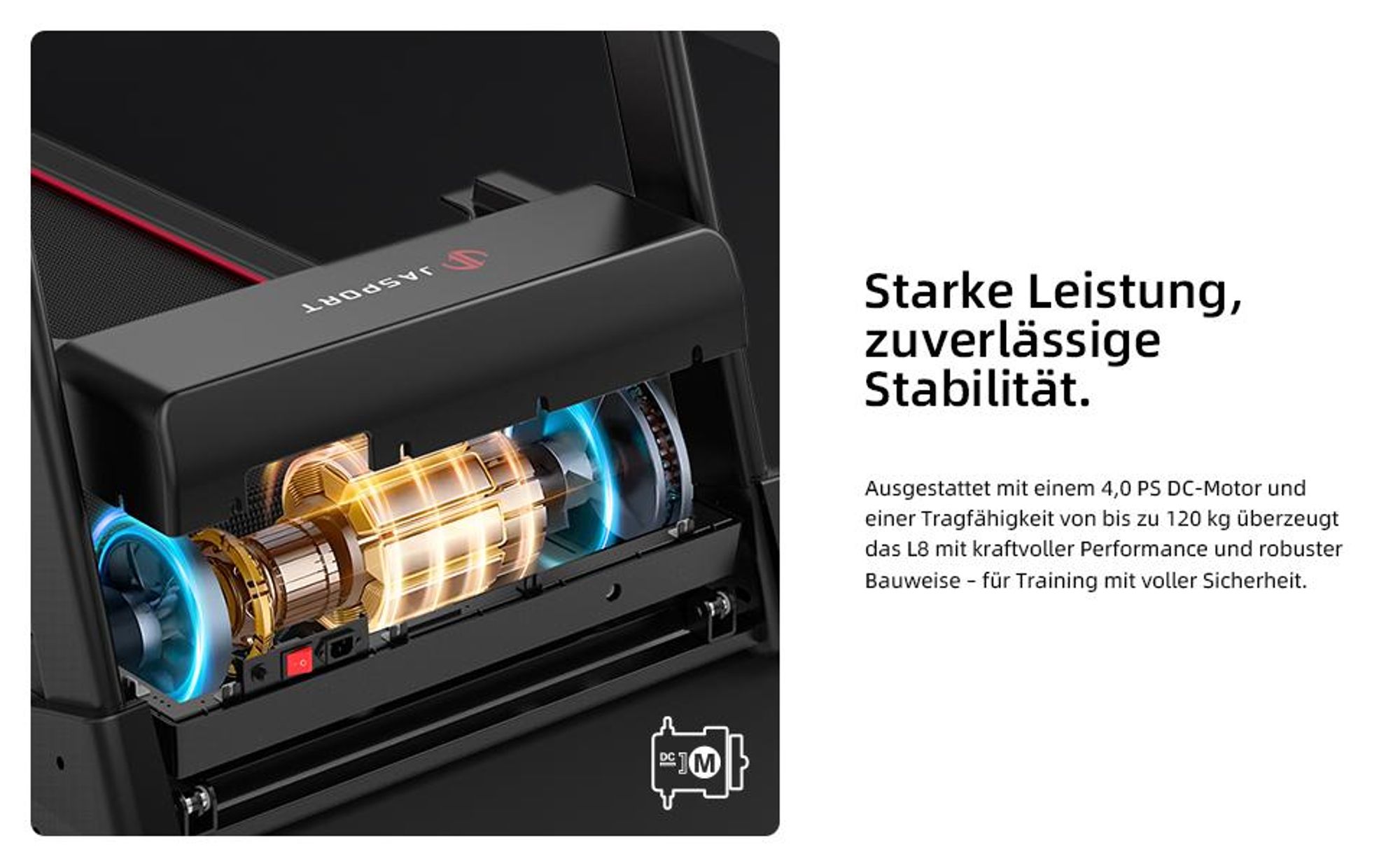 JASPORT L8 Elektrisches Laufband klappbar – 4.0 PS DC-Motor, bis 22 km/h, 0–20 % Steigung, 1450×480 mm Lauffläche, LED-Display, Bluetooth-Lautsprecher