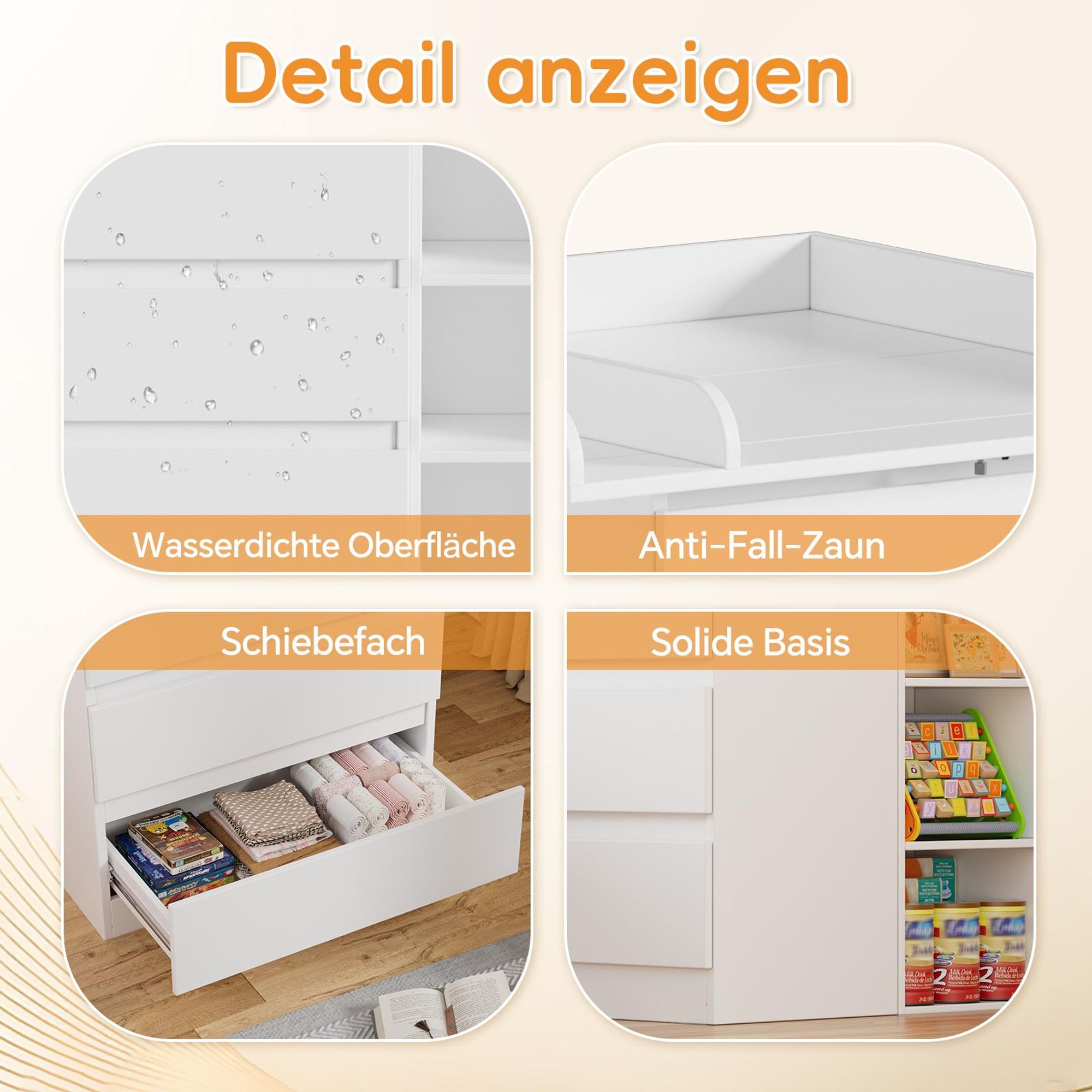 TWSOUL Wickelkommode 2-in-1 Wickelkommode mit abnehmbarem Wickelaufsatz Kommode mit 3 Schubladen & 6 Regalfächern,weiß