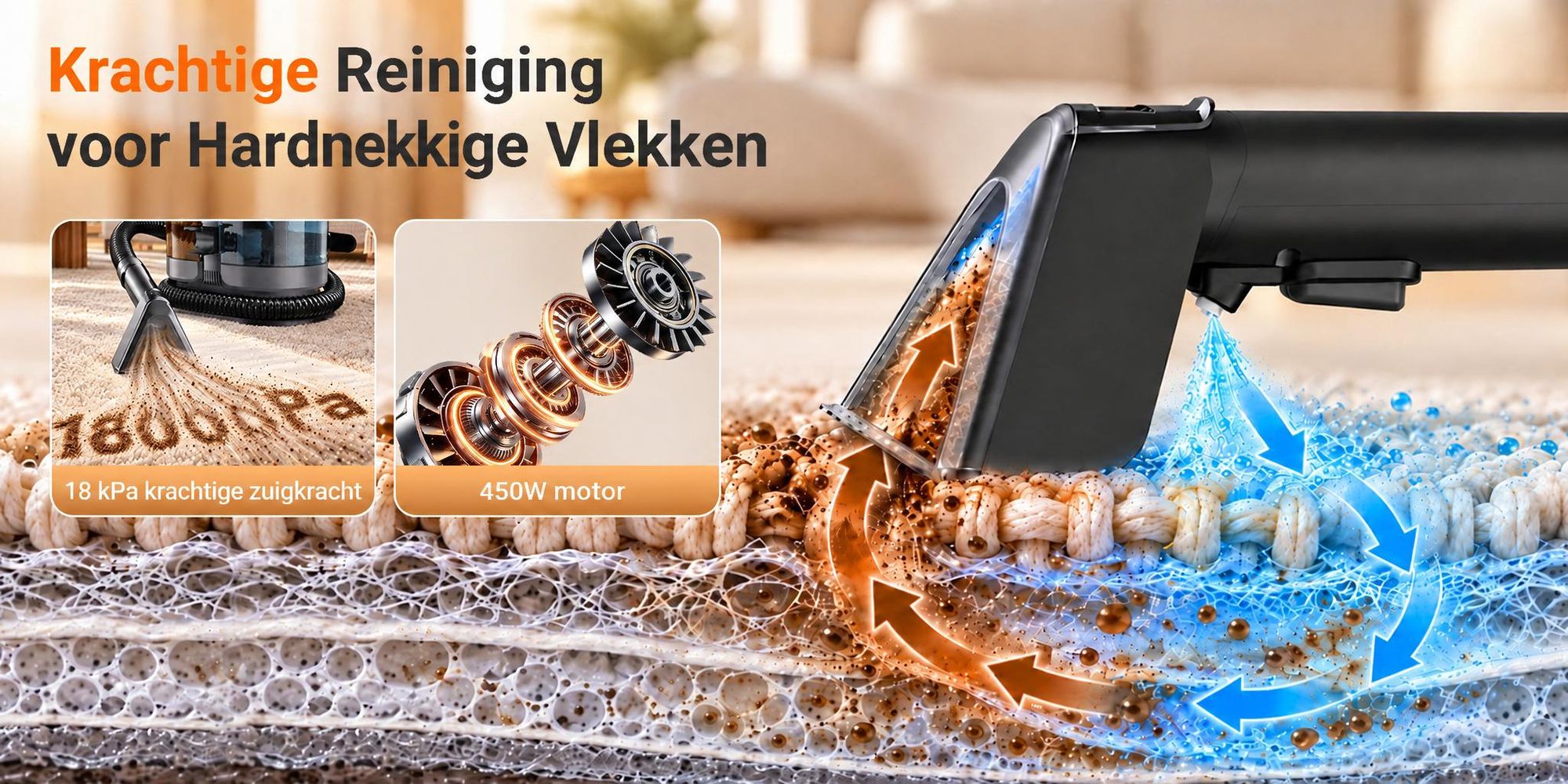 Lubluelu V1 Tapijt- en Bekledingsreiniger, 18.000 Pa, 450 W, Dubbele Watertank van 1,8 L + 0,9 L, Compact voor Banken, Autostoelen en Tapijten
