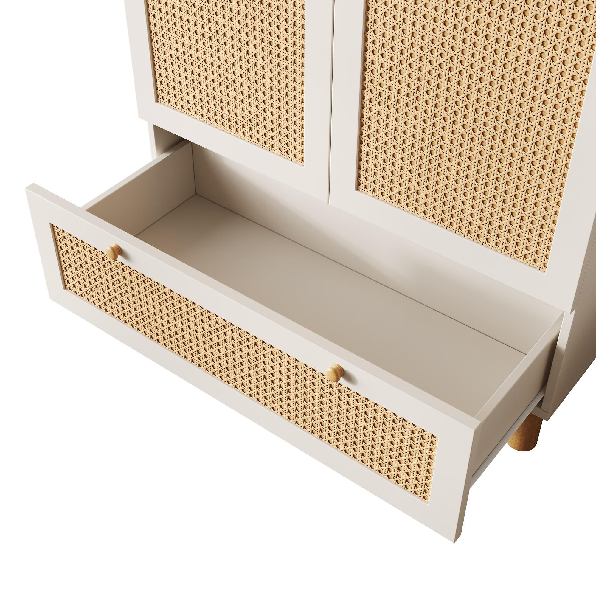 Flieks Kleiderschrank Garderobenschränke mit Kleiderstange, Garderobe mit Schublade und höhenverstellbaren Regalen, Rattan 2-türig Schrank, Weiß
