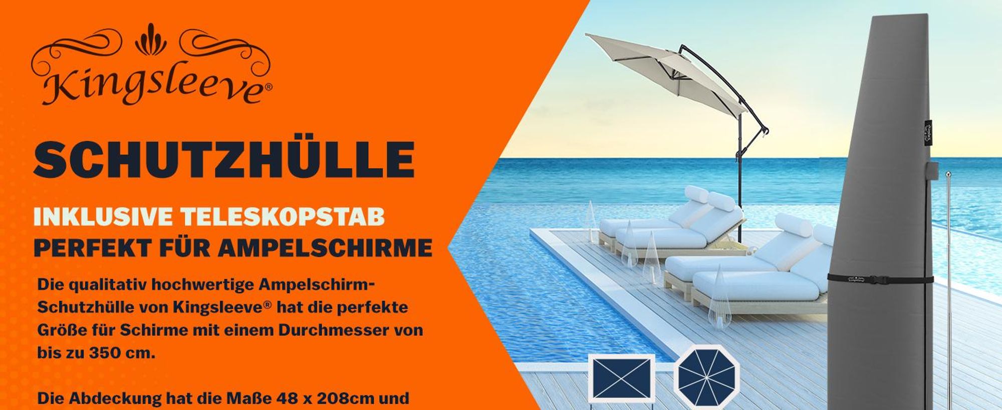 KINGSLEEVE® Sonnenschirm Schutzhülle mit Stab bis Ø 350 cm Winterfest Groß Ampelschirm Gartenschirm Abdeckung Abdeckhaube Hülle Plane Schirmhülle Grau