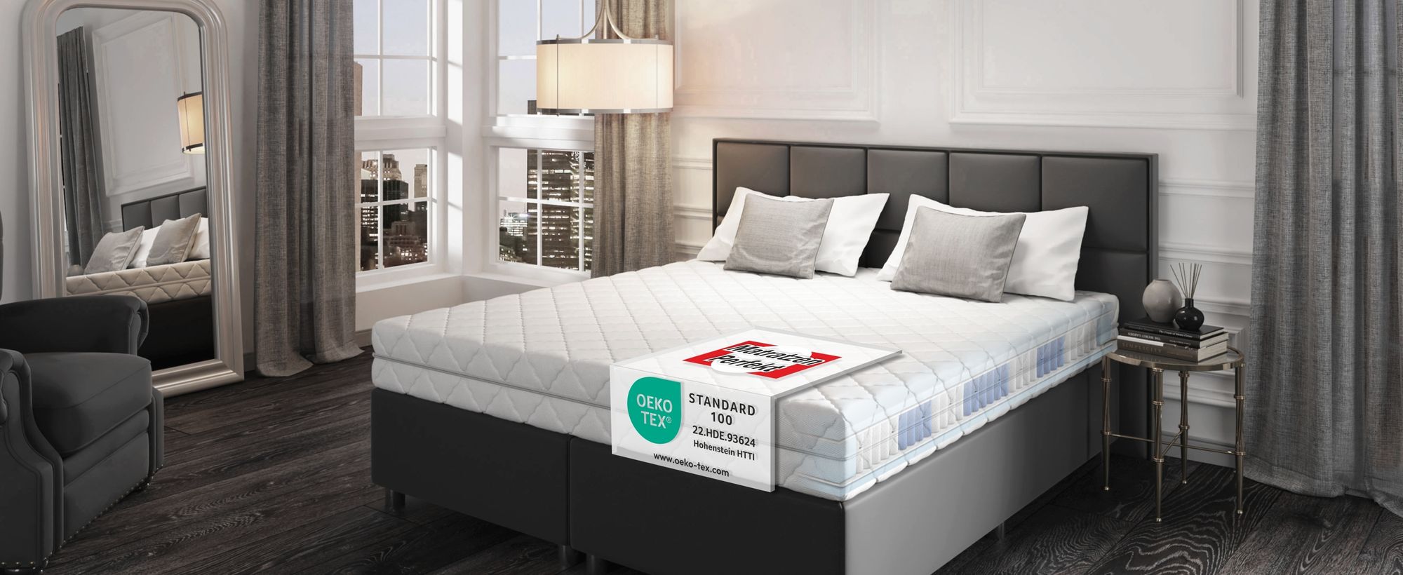 Schlafzimmer mit Taschenfederkernmatratze Köln und  Banner