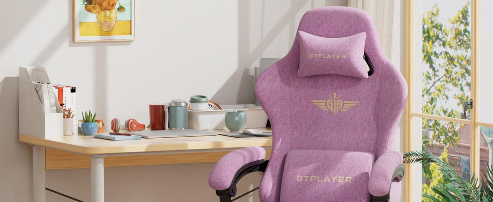 GTPLAYER Gaming Stuhl Ergonomischer Gaming Sessel Schreibtischstuhl Bürostuhl mit Stoffoberfläche Federsitzkissen, Verbindungsarmlehnen, mit Fußstütze