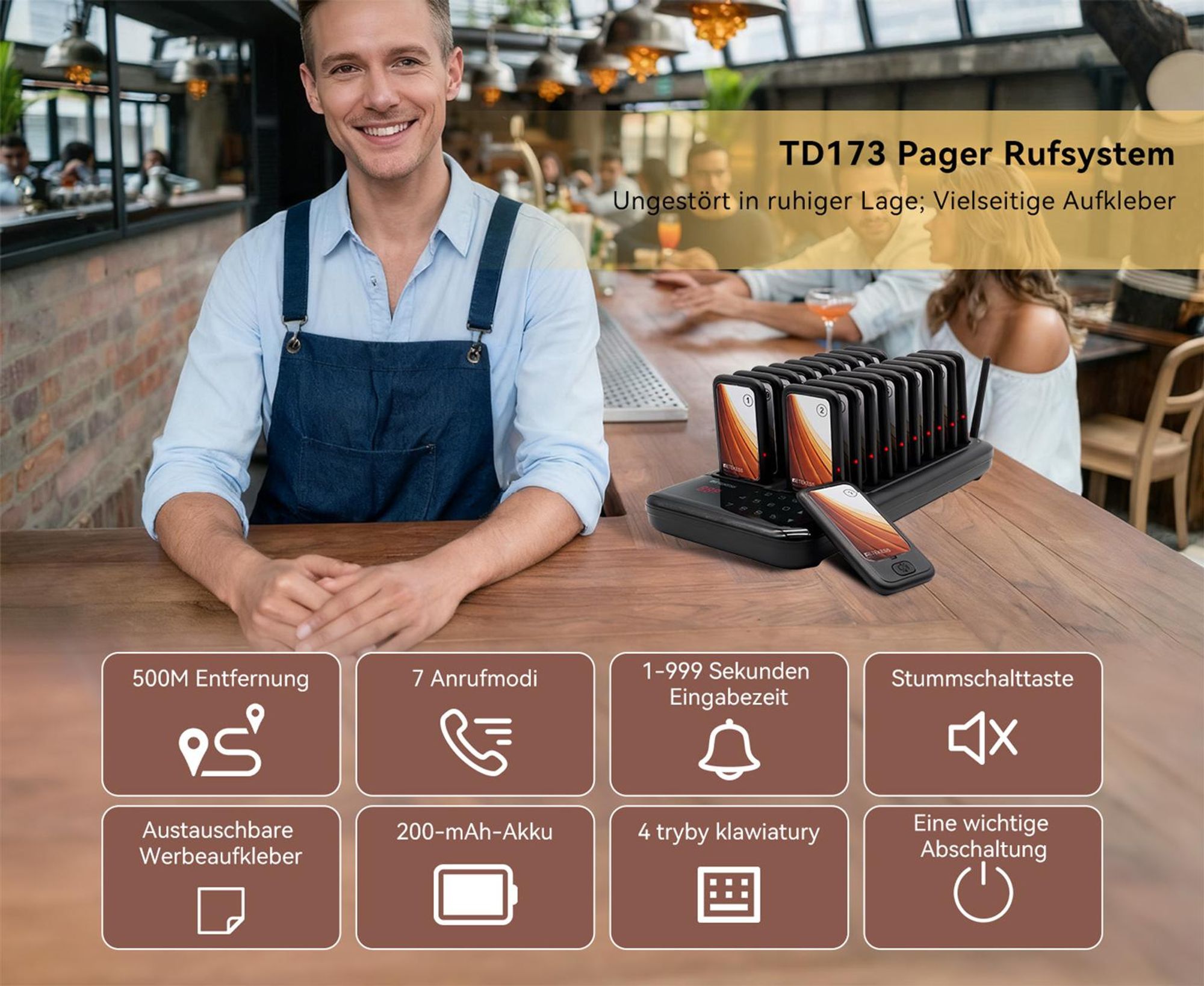 Retekess TD173 Restaurant Pager System, 20Pagers, 500M Pager Rufsystem, 7 Rufmod, 24H, Pager Pieper für Food Court, Hotel, Café, Bar, walkie talkie