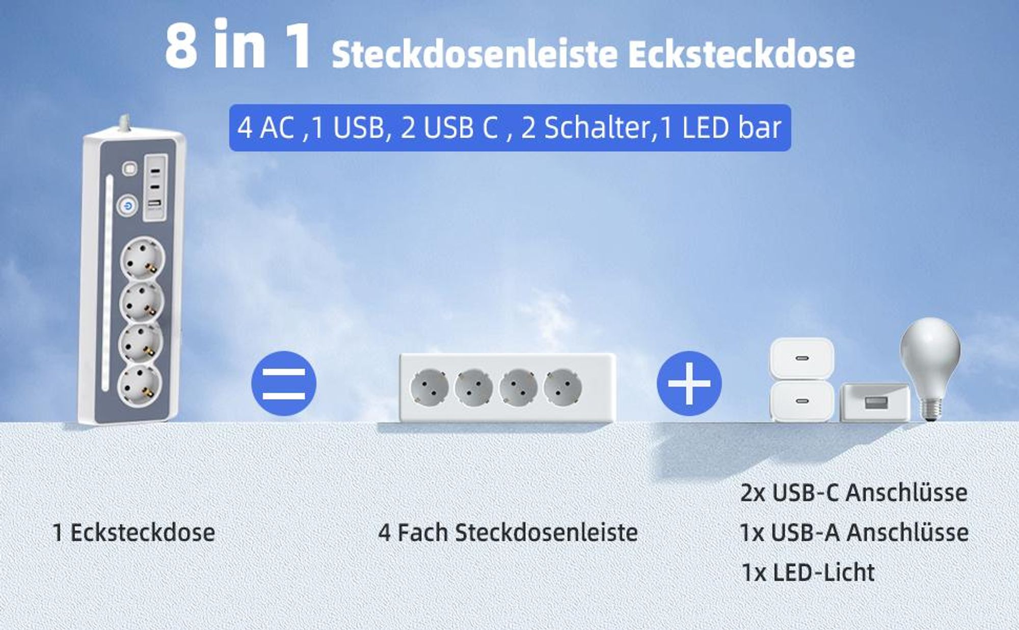 Steckdosenleiste, Steckerleiste, Tischsteckdose, 4 Fach Mehrfachsteckdose, Mehrfachstecker, 16A 3680W Ecksteckdose mit 2 Schalter, für Küche, Büro