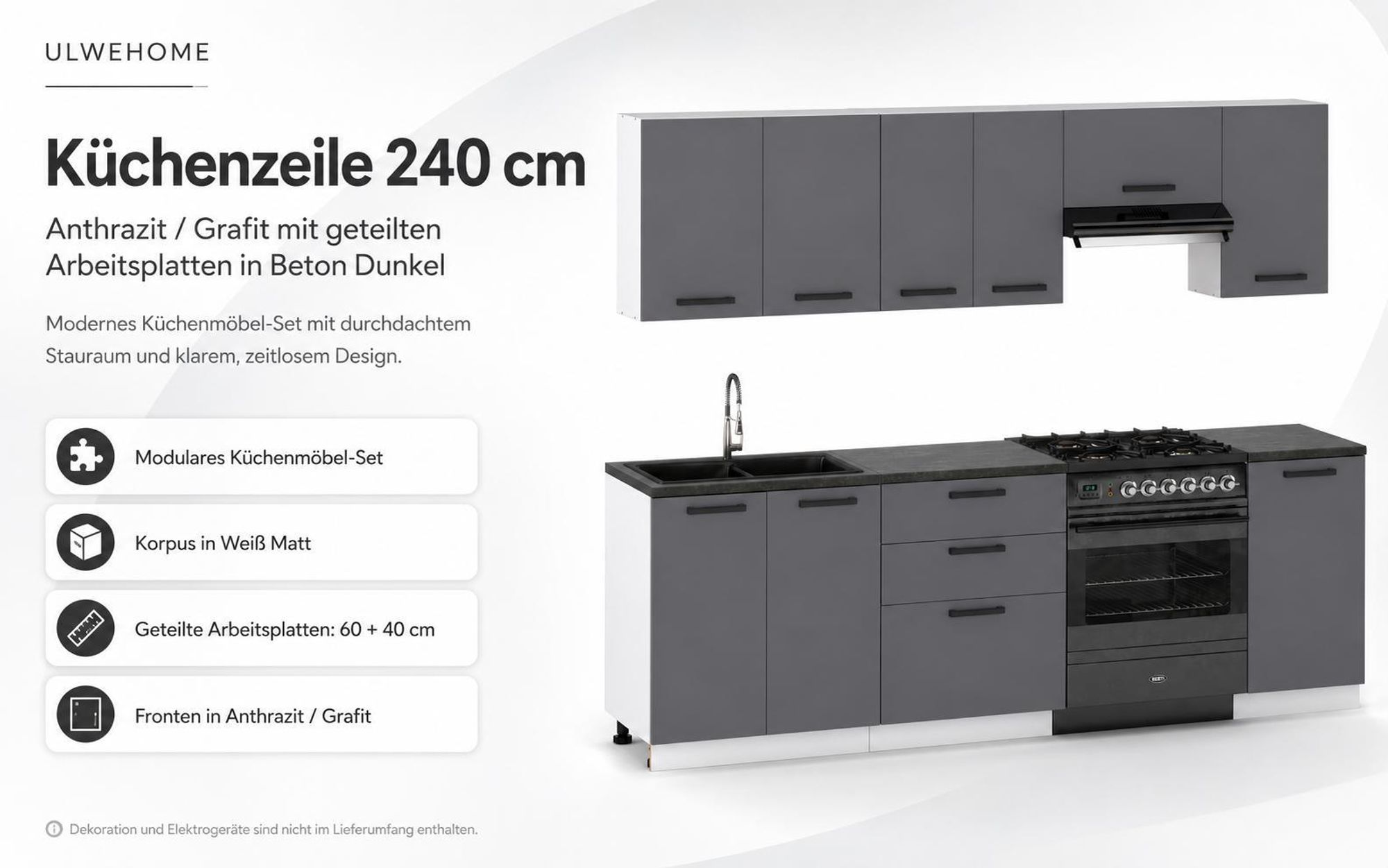 Küchenzeile 240 cm in Anthrazit mit weißen Korpussen und geteilten Arbeitsplatten in Beton Dunkel