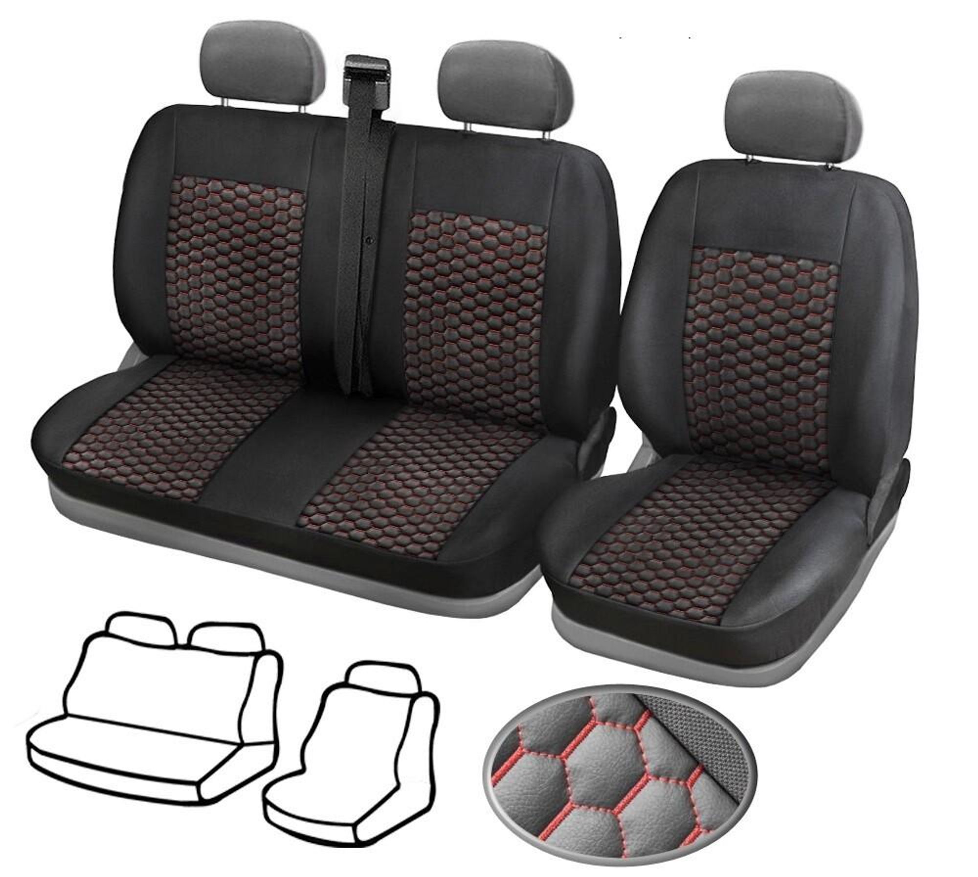 1+2 Sitzbezüge aus für VW Transporter T5 (2003-2015) Schwarz/Rote Stiche