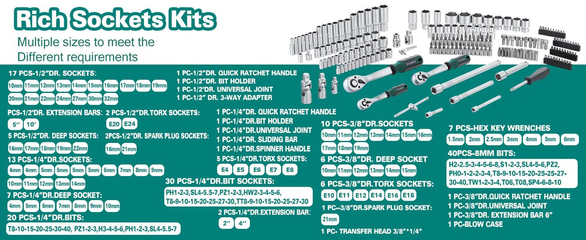 STANEW 192-teiliges Profi-Steckschlüssel-Set, 1/4 Zoll, 3/8 Zoll, 1/2 Zoll, CR-V, inkl. 3 Schnellspann-Ratschenschlüsseln, Standard/Tief/E-Torx-Steckn