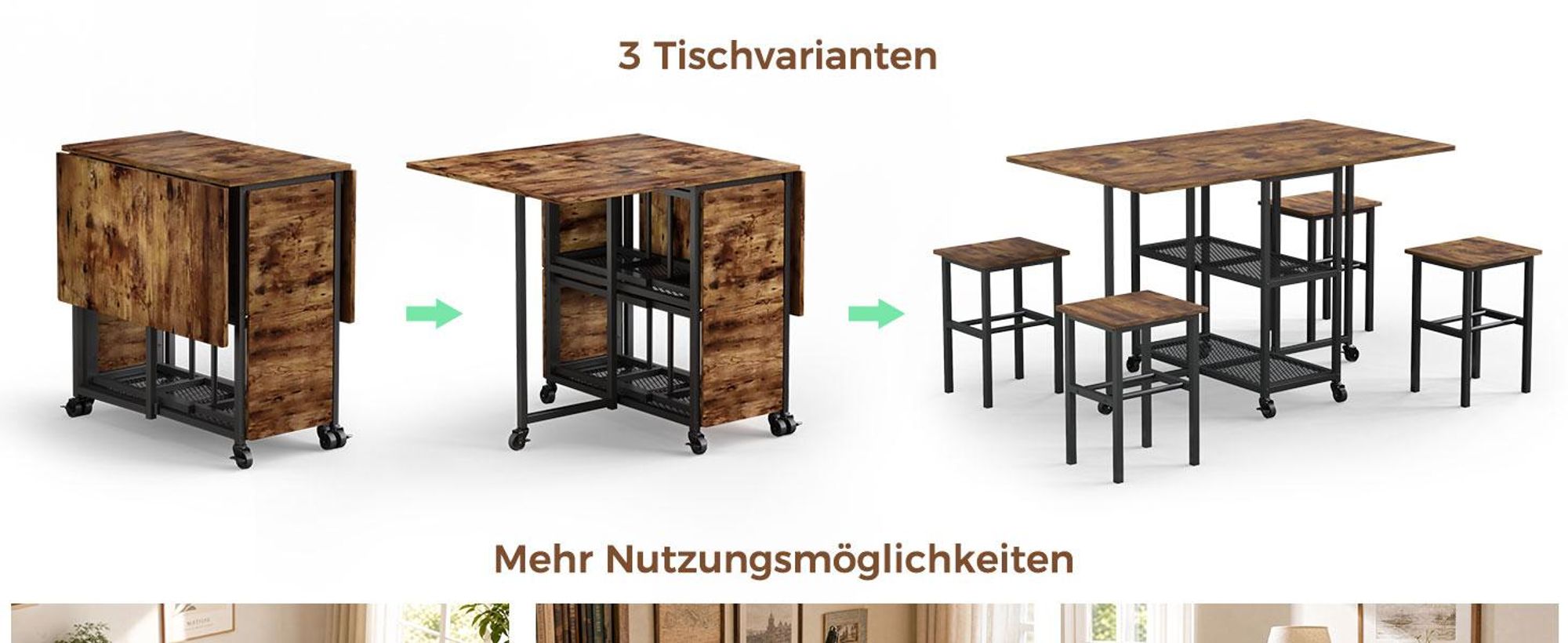 Mondeer Faltbarer Tisch mit 4 Hockern und Ablageflächen, mobiles Ess-Set mit 6 Rollen für Küche & Wohnzimmer 120x70x75cm Rustikales Braun