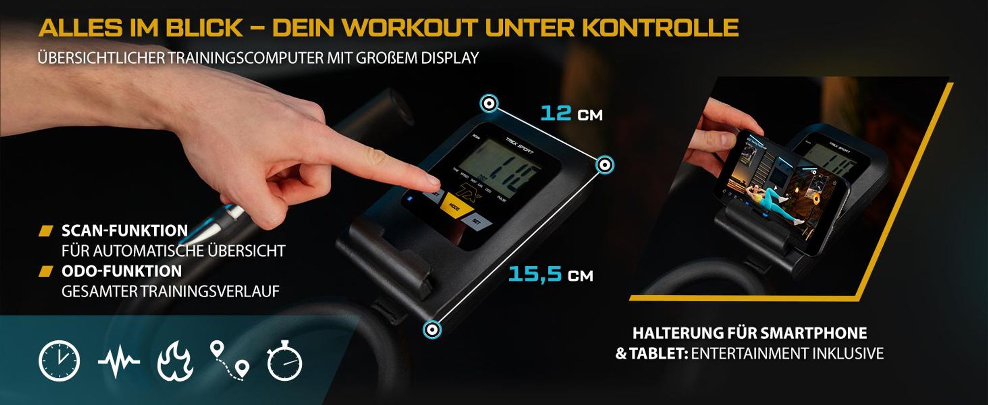 TREX SPORT Indoor Bike Heimtrainer Fahrrad TX-640SB HOWL |Mechanischer Widerstand, 12kg Schwungrad, Trainingscomputer, Pulssensoren | leise, bis 130kg