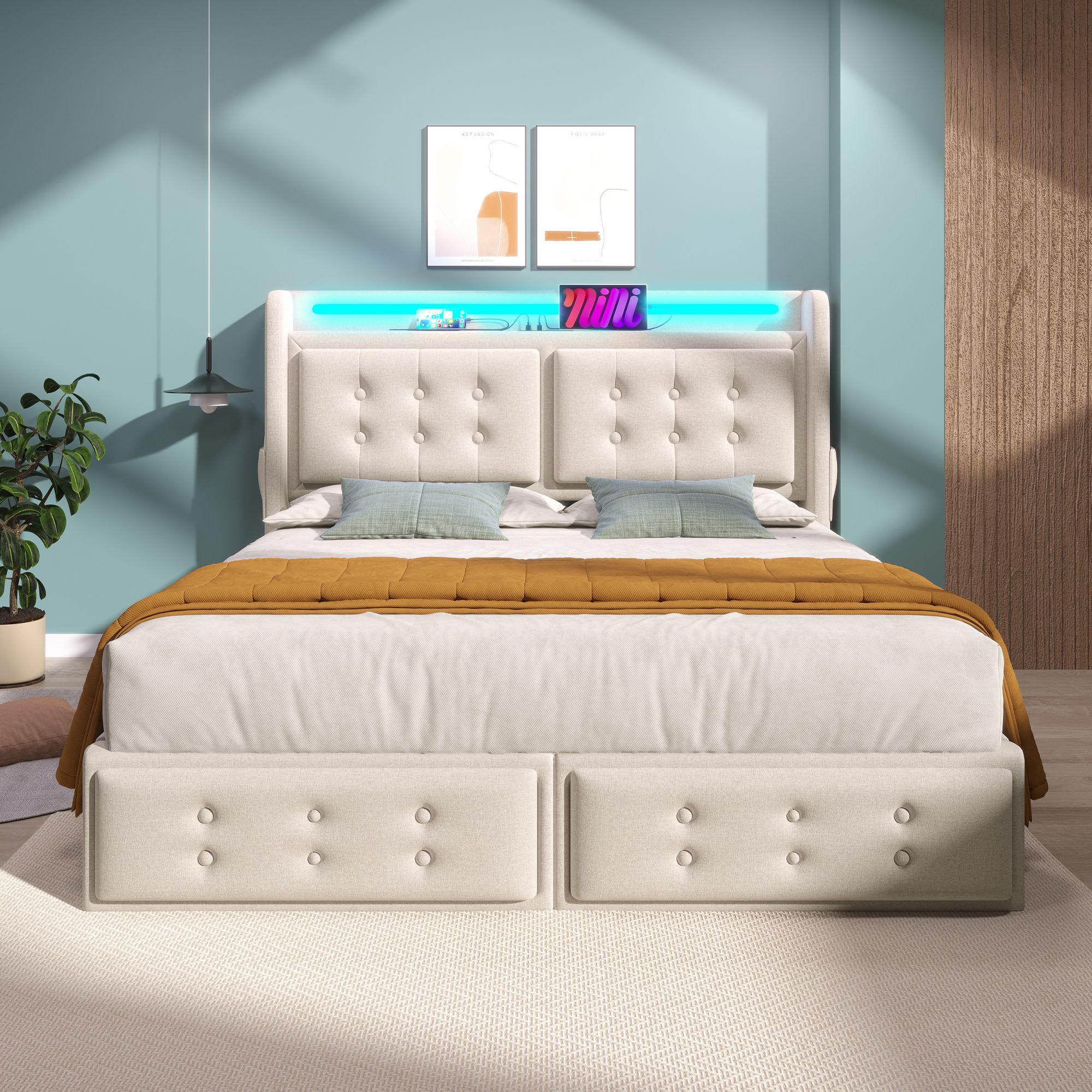 Flieks Polsterbett 140x200cm mit 4 Schubladen, Stauraumbett Doppelbett mit Ladefunktion, Jugendbett Holzbett mit LED, Funktionsbett Baumwolle, Beige
