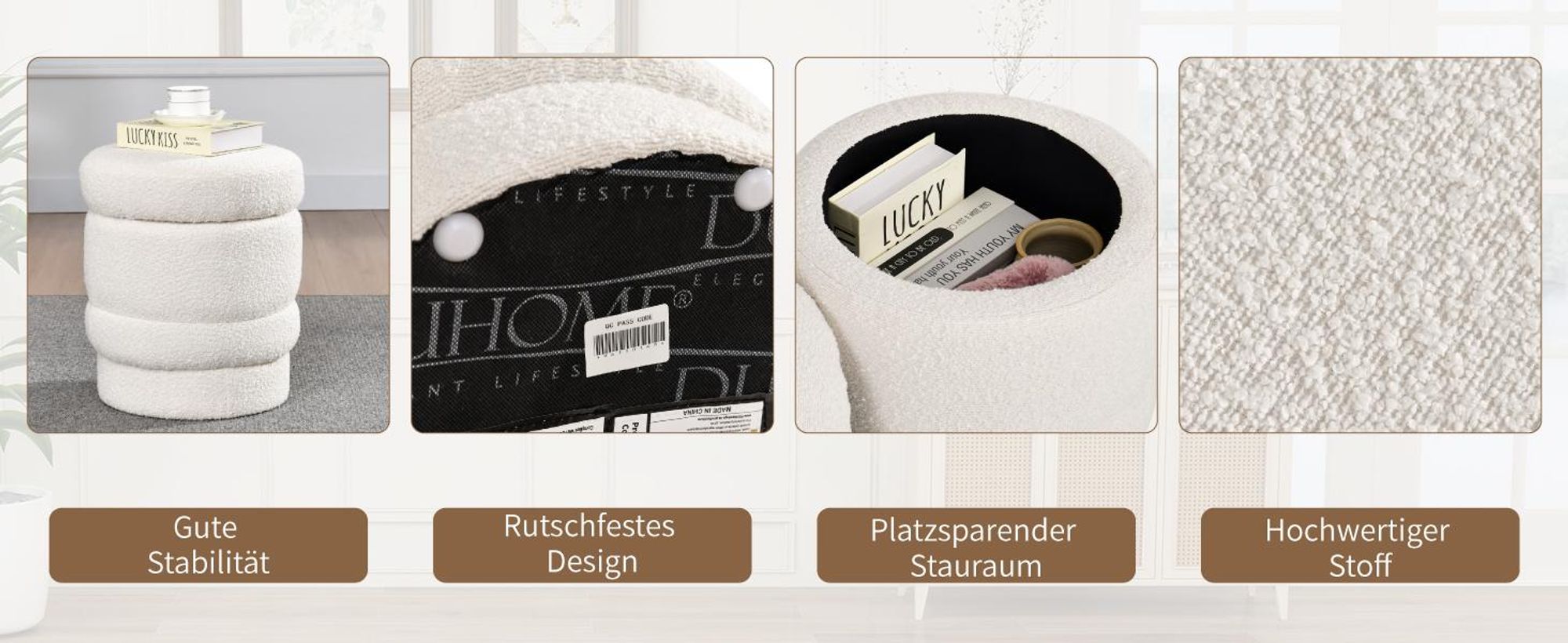 Duhome Ottoman Drehbar Rund Sitzhocker mit Stauraum Polsterhocker mit Deckel Stauhocker für Schlafzimmer Wohnzimmer Flur, Weiß