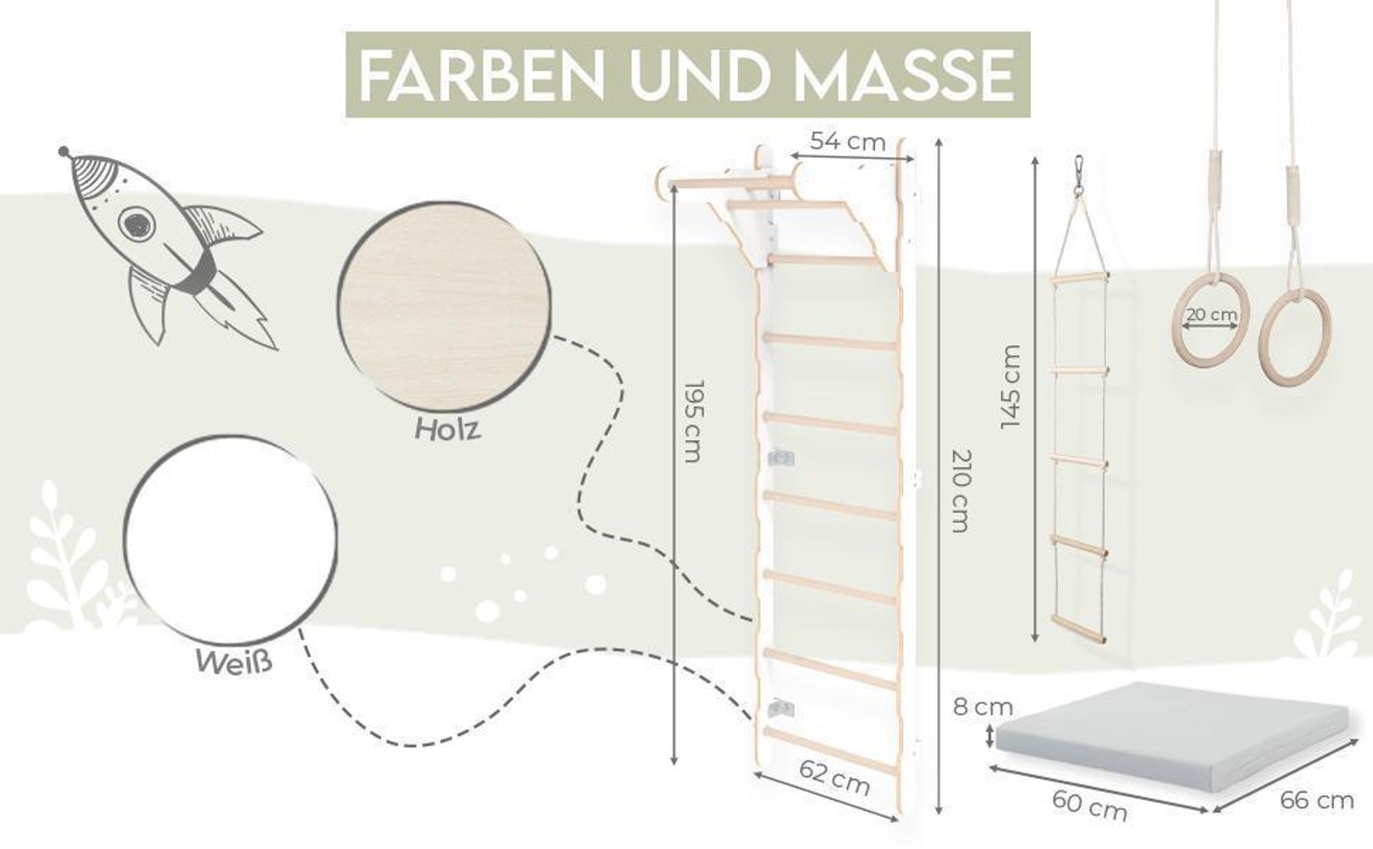 Gymnastik-Sprossenwand für Kinder (210 cm) | Wandmontierte Holzleiter | Kletterleiter für Kinder | Turnringe | Schutzmatte | Kletterseil | 100% ECO
