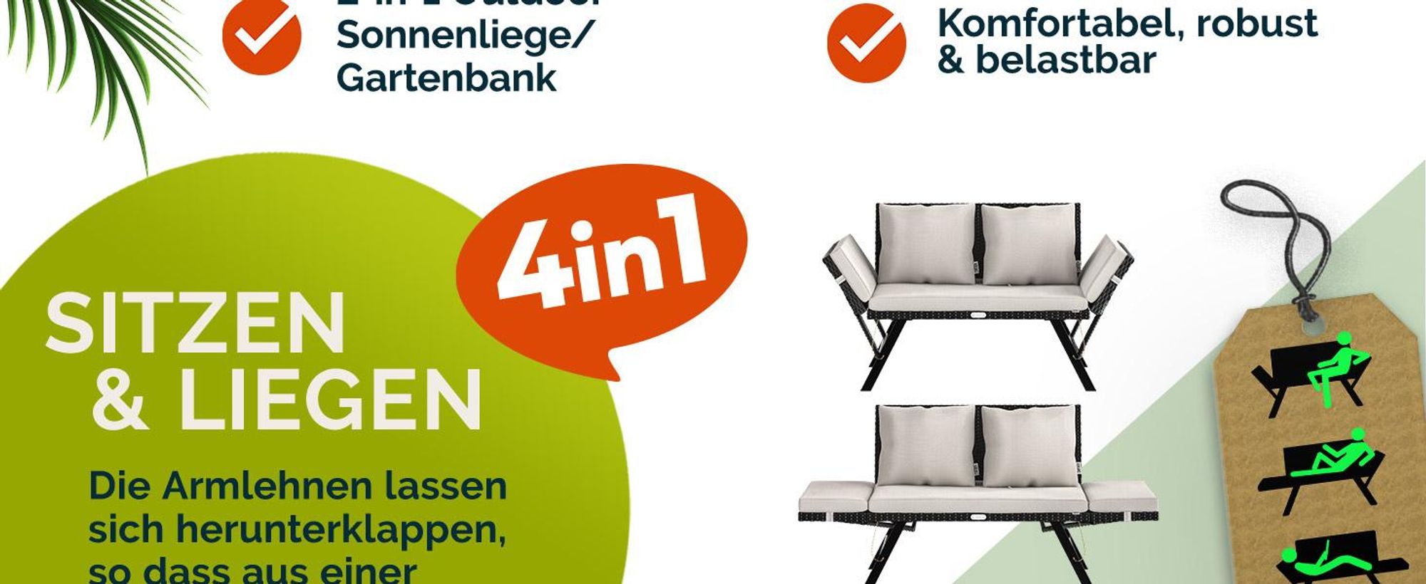 CASARIA® Polyrattan Gartenbank mit Liegefunktion Schwarz